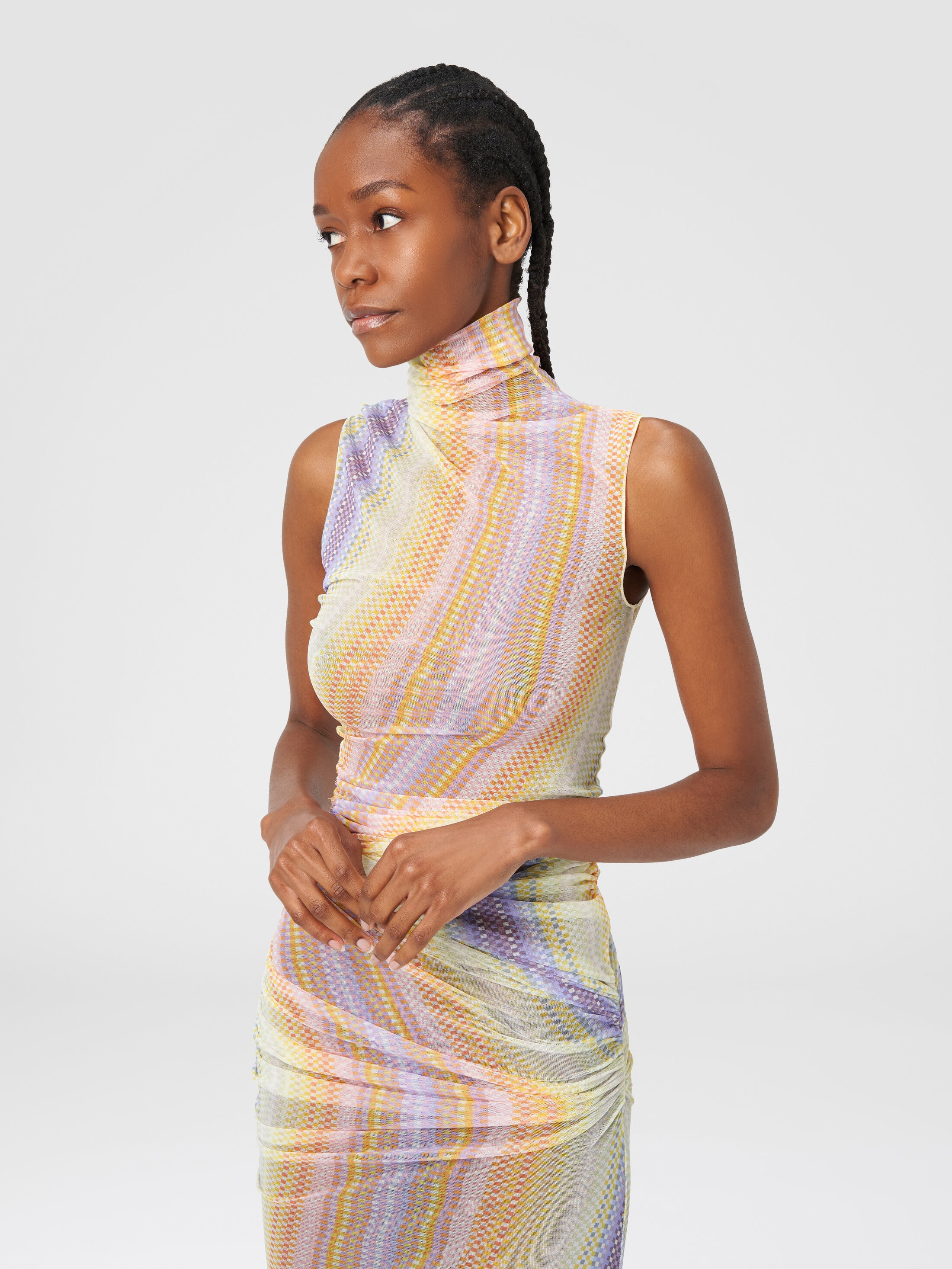 Long high-neck dress in tulle with side gathers