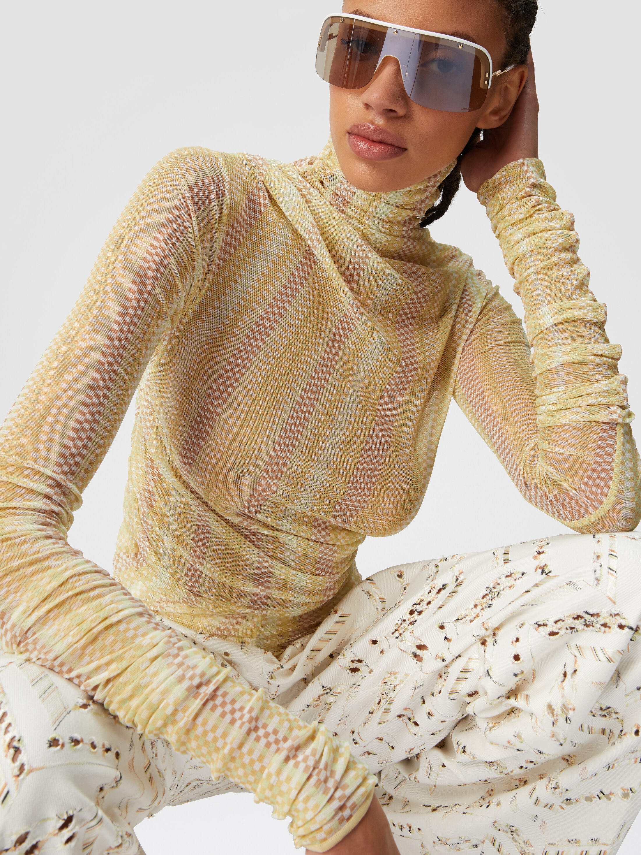 Tulle high-neck top with side gathers