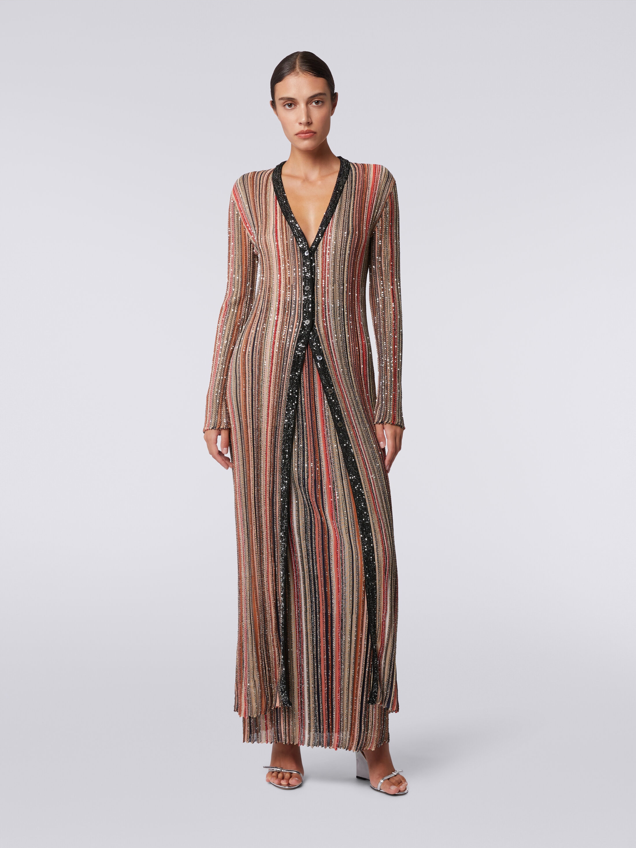 Long cardigan in vertical striped knit with sequins