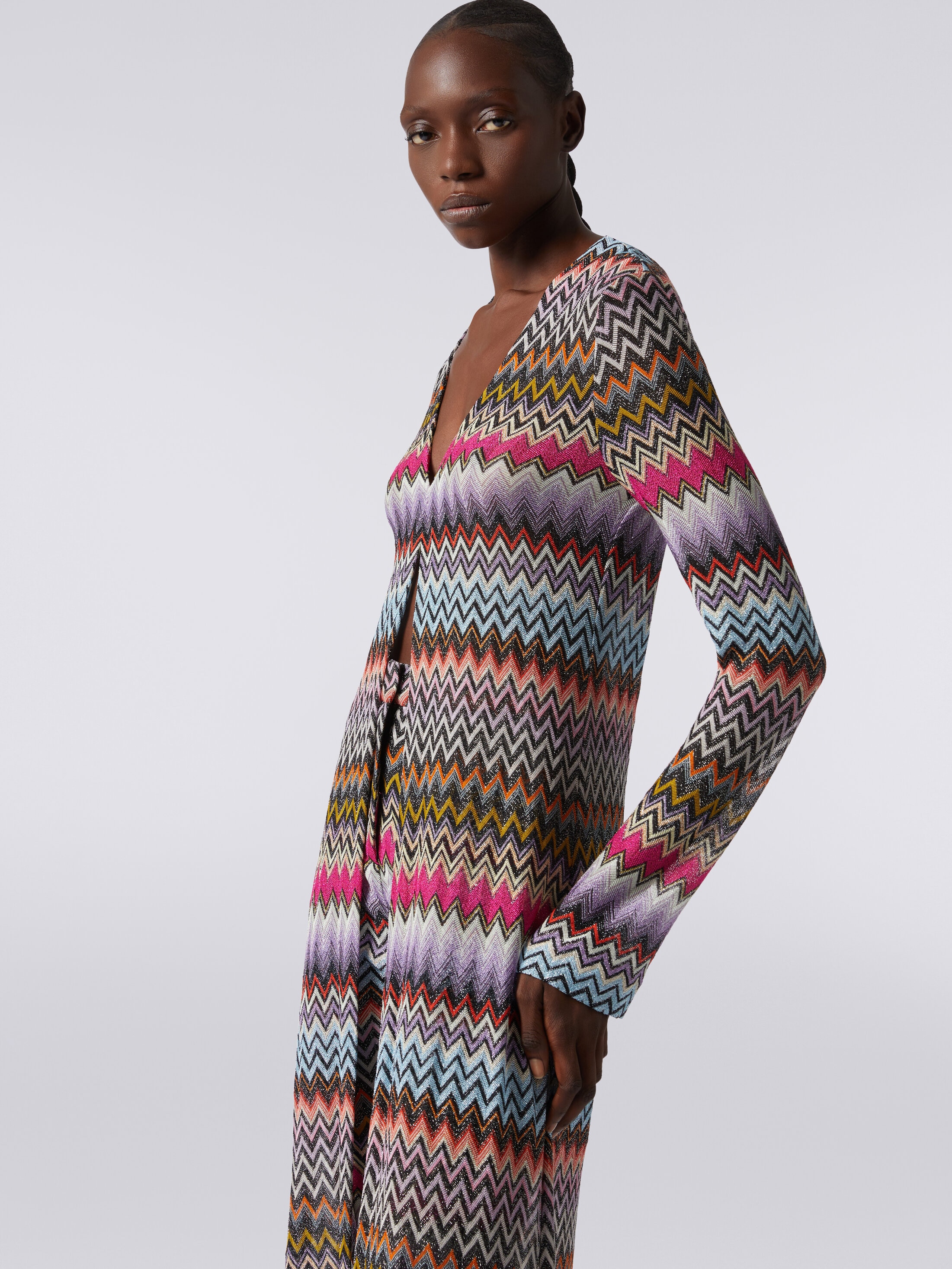 Long cardigan in viscose with zigzag pattern with lurex