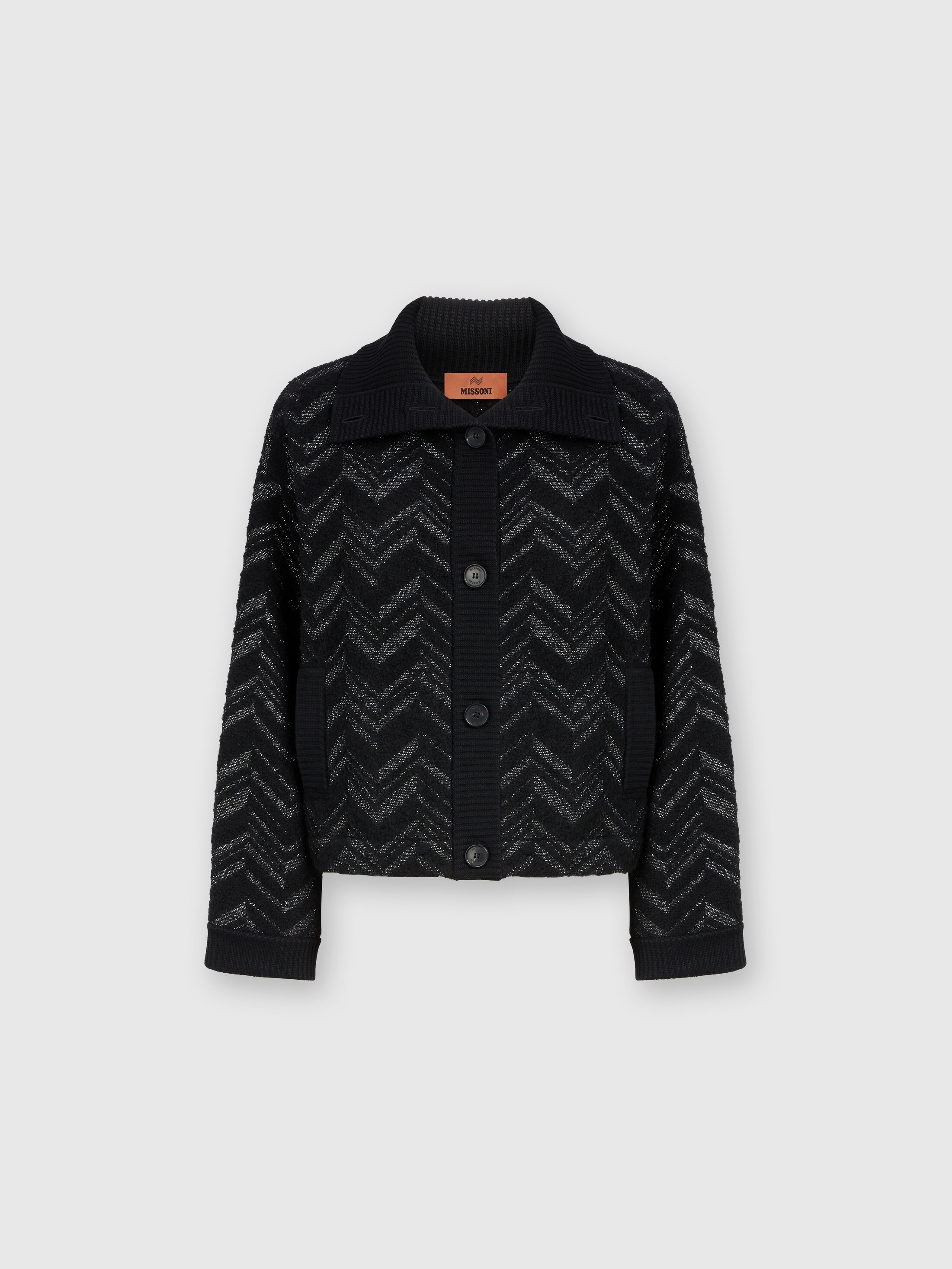Missoni Textured Chevron Knit Jacket With Oversized Fit And Button Closure In Black,multicoloured