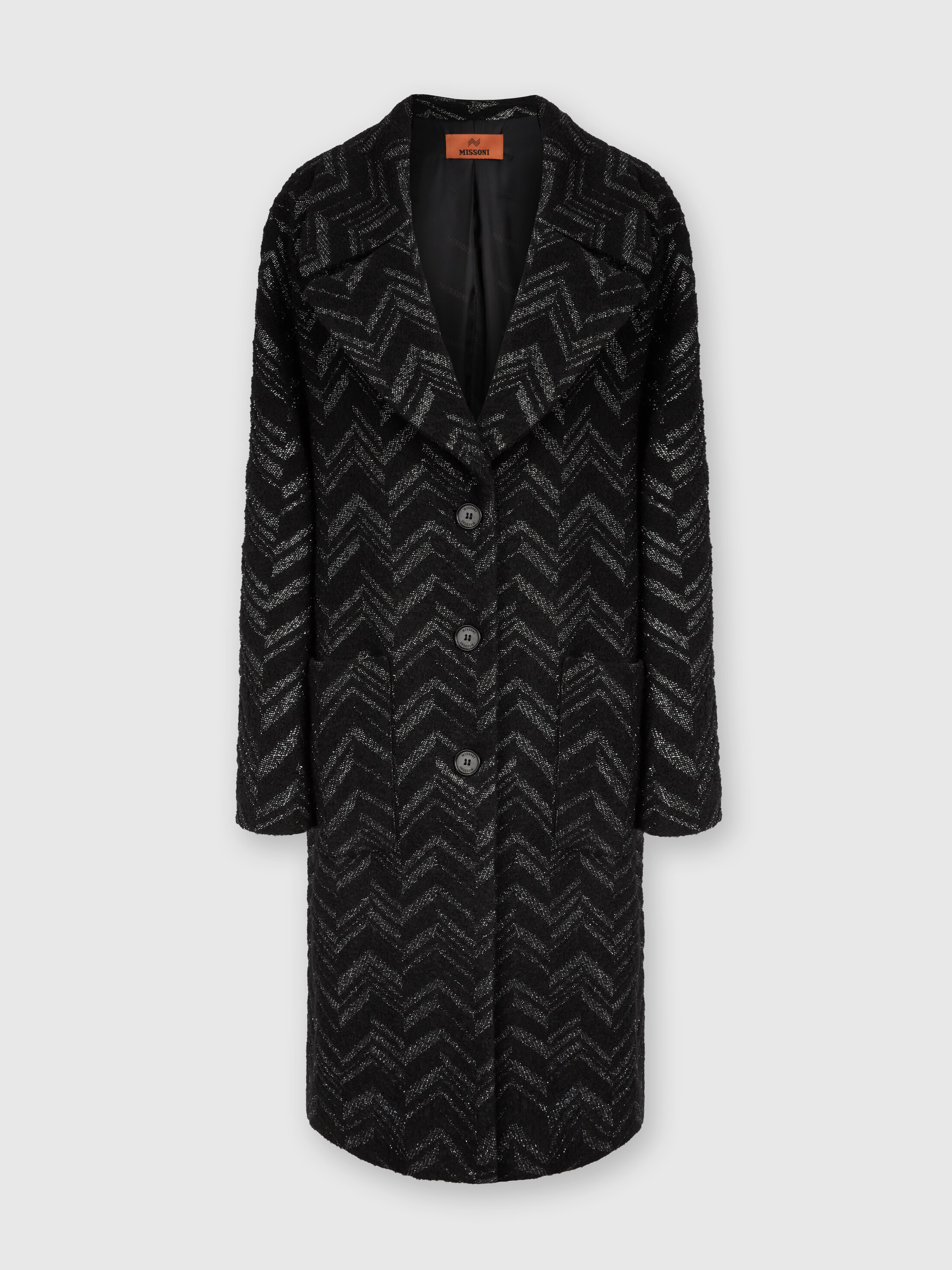 トレンチコート Missoni Black Boucle Knit Coat With Lame Chevron Jacquard wool blend coat with zigzag pattern
