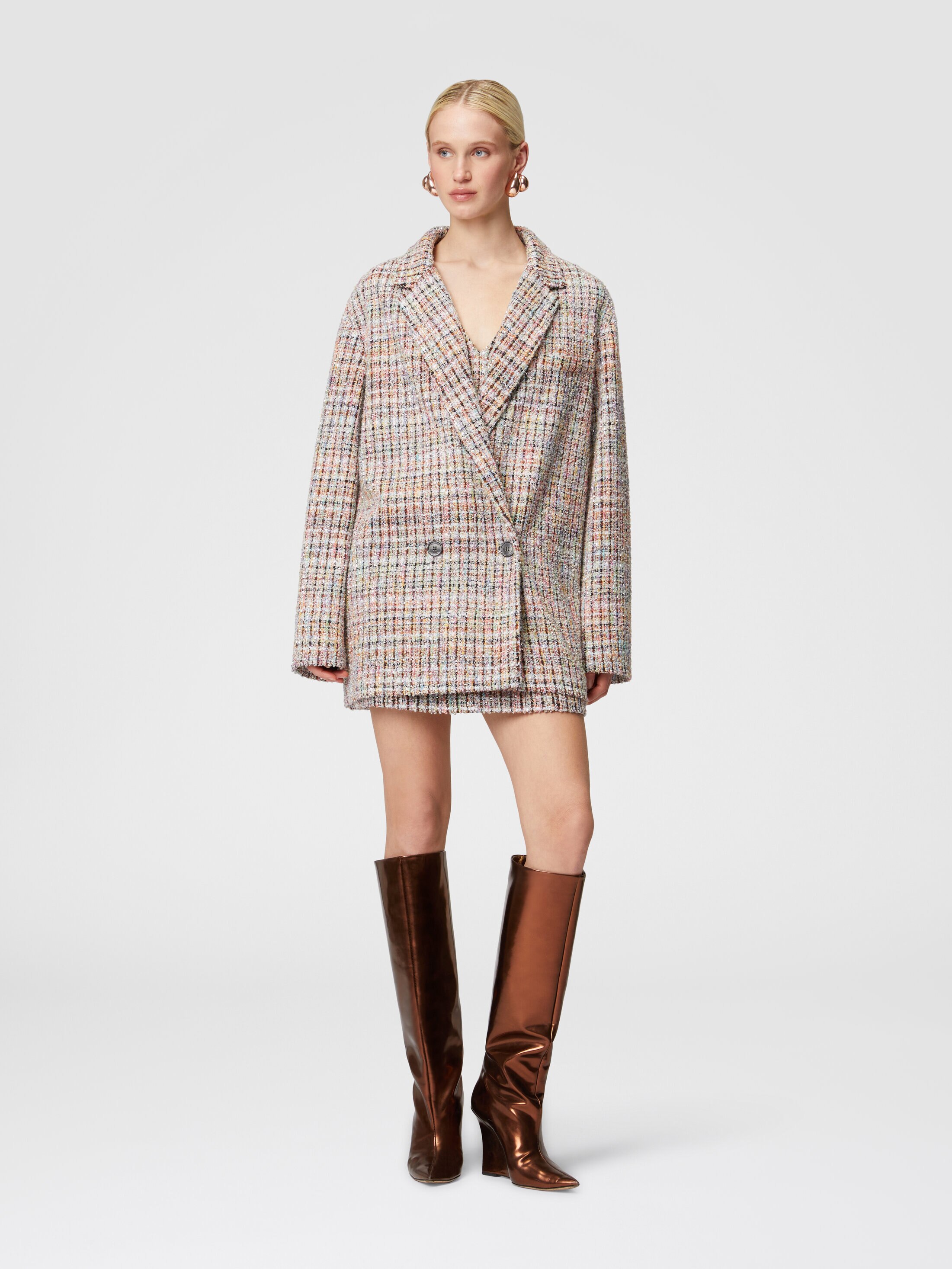Double-breasted bouclé checkered blazer with sequins