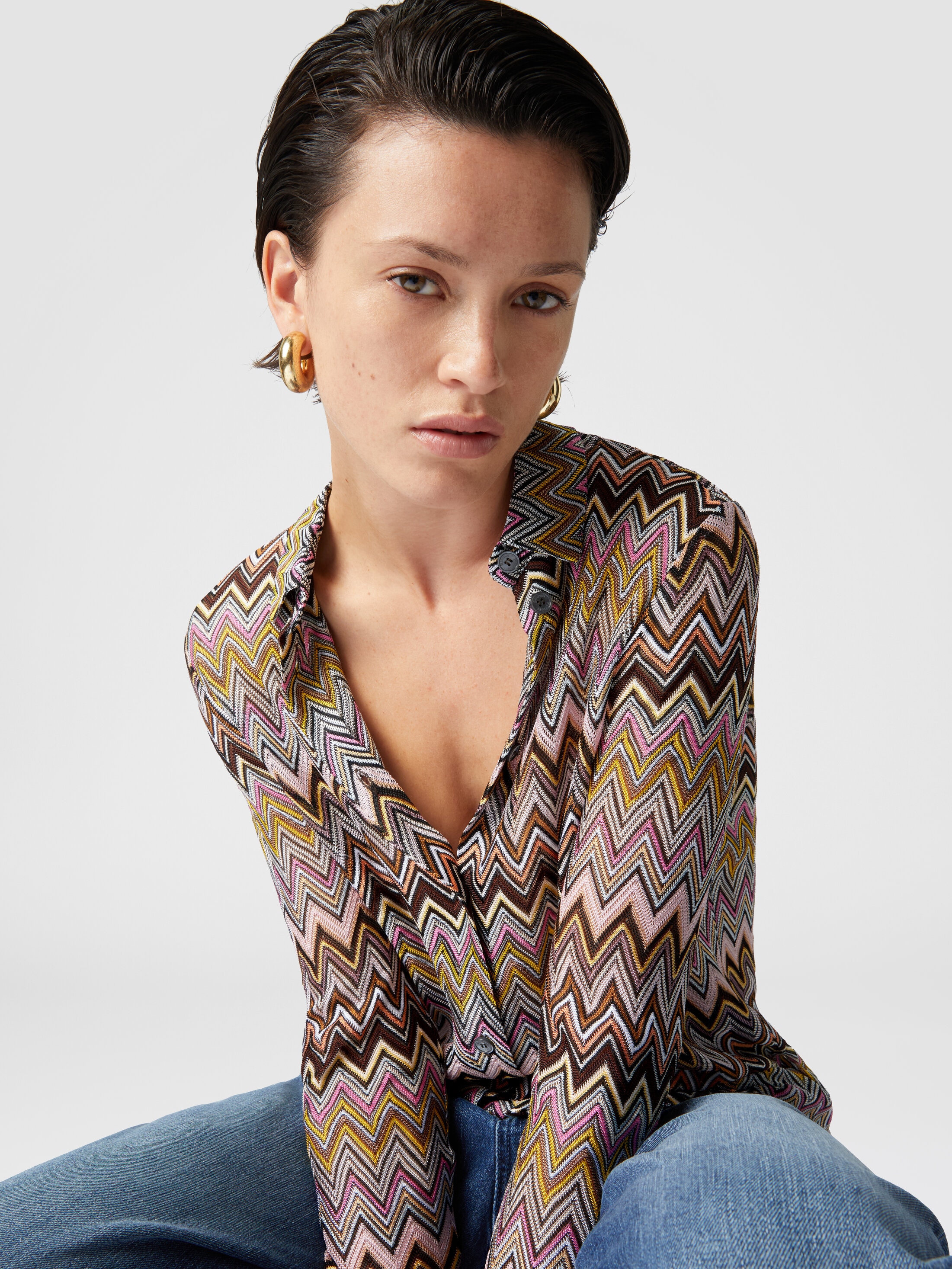 M MISSONI シルク　トップス Missoni Long-sleeved Top In Lamé Viscose With Macro Zigzag Pattern
