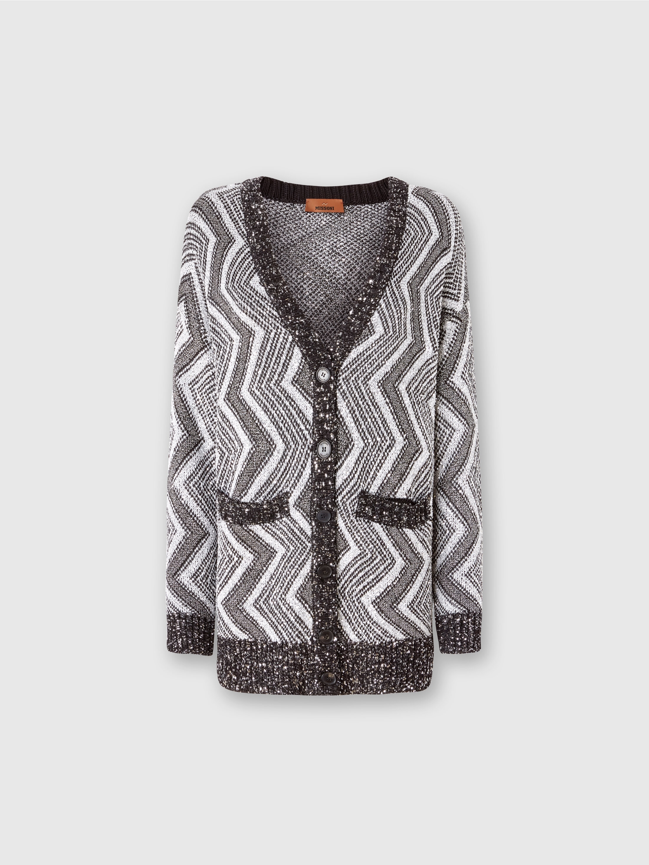 Missoni Oversized Cardigan With Macro Zig Zag And Sequins In Black,silver