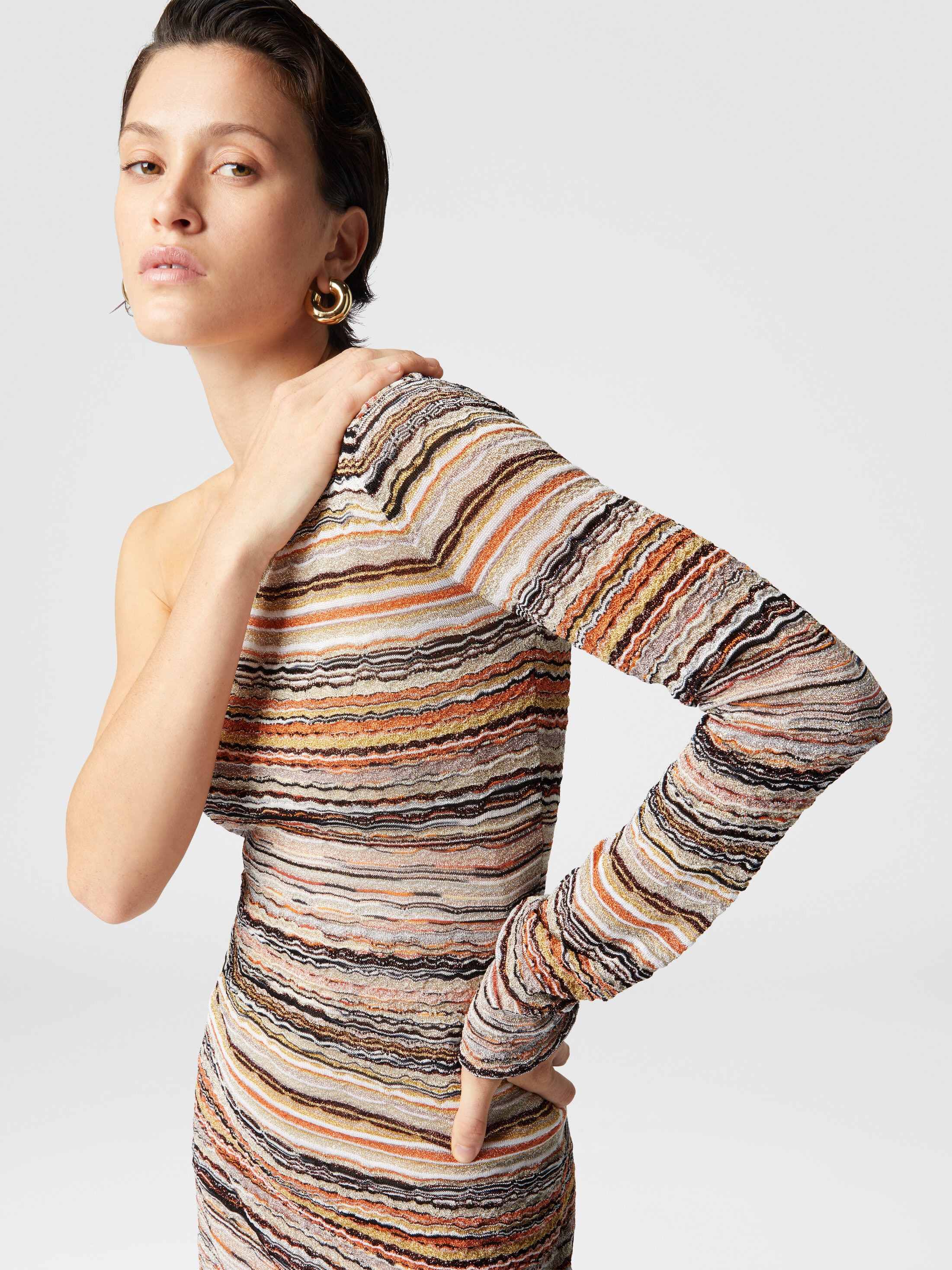 One-shoulder mini-dress in lamé embossed viscose with wave