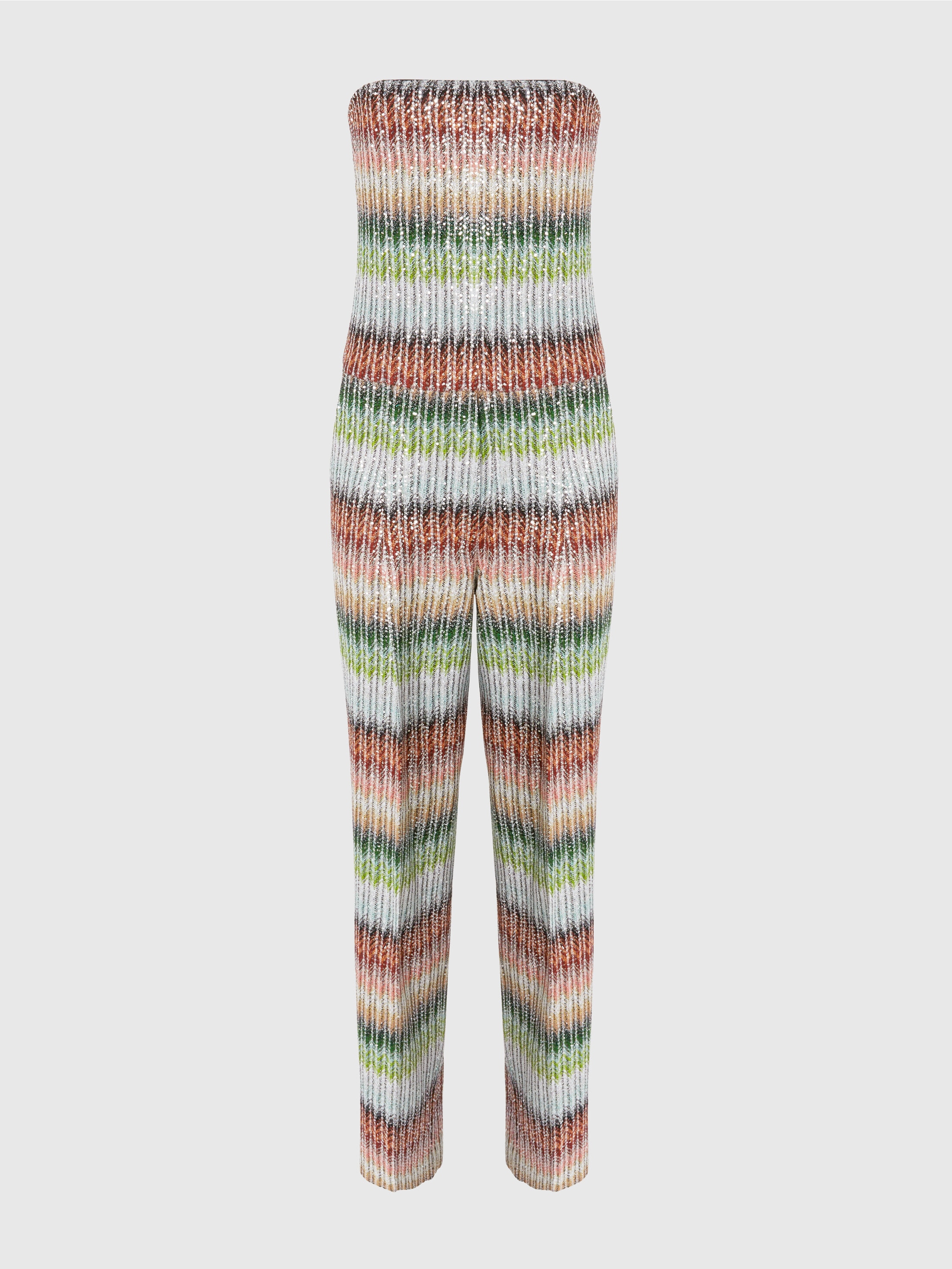 MISSONI LANGER BUSTIER-JUMPSUIT AUS ZICKZACK-STRICK MIT FARBVERLAUF UND PAILLETTEN 