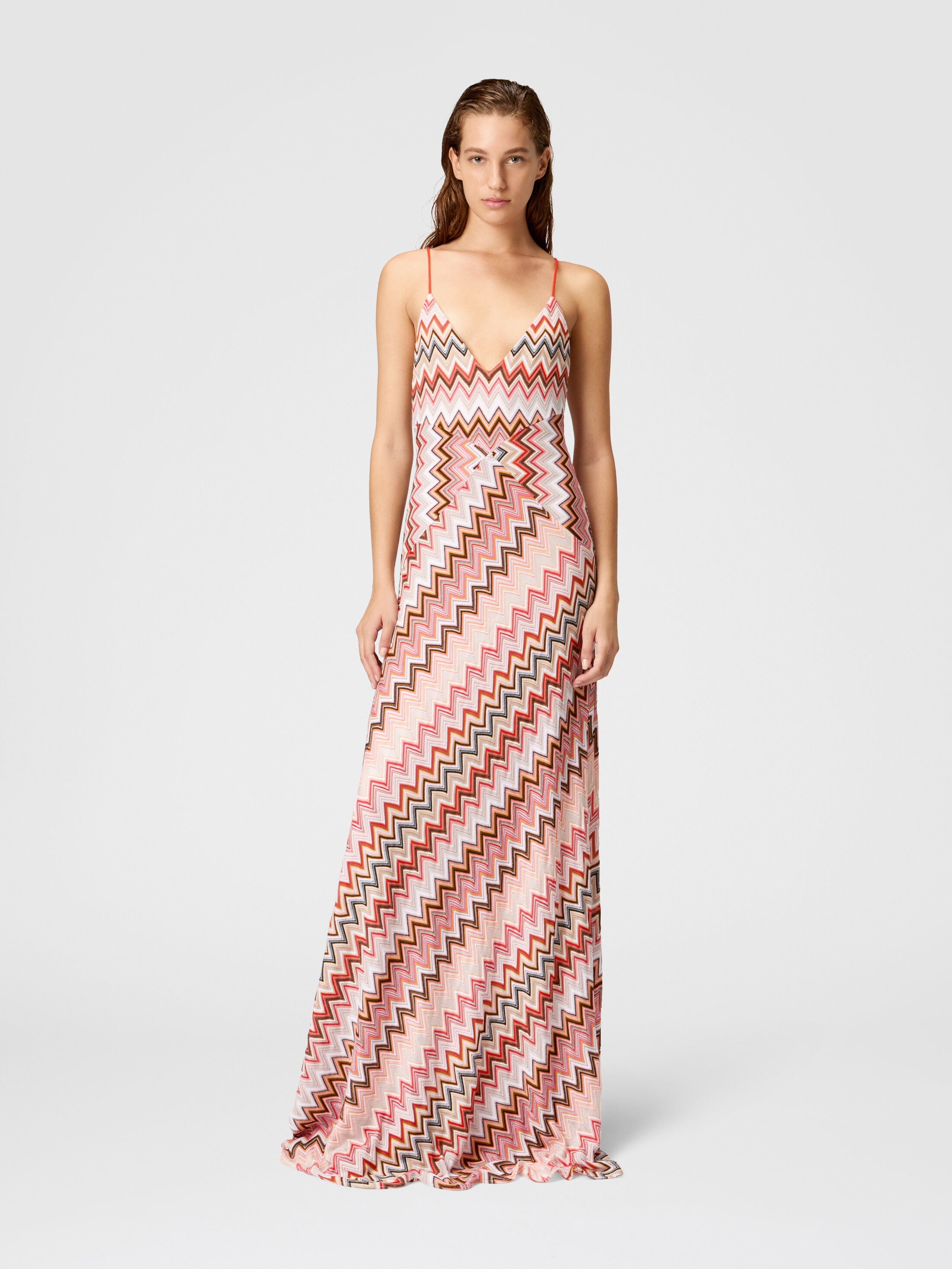 Long patchwork dress with zig zag pattern and crossed straps