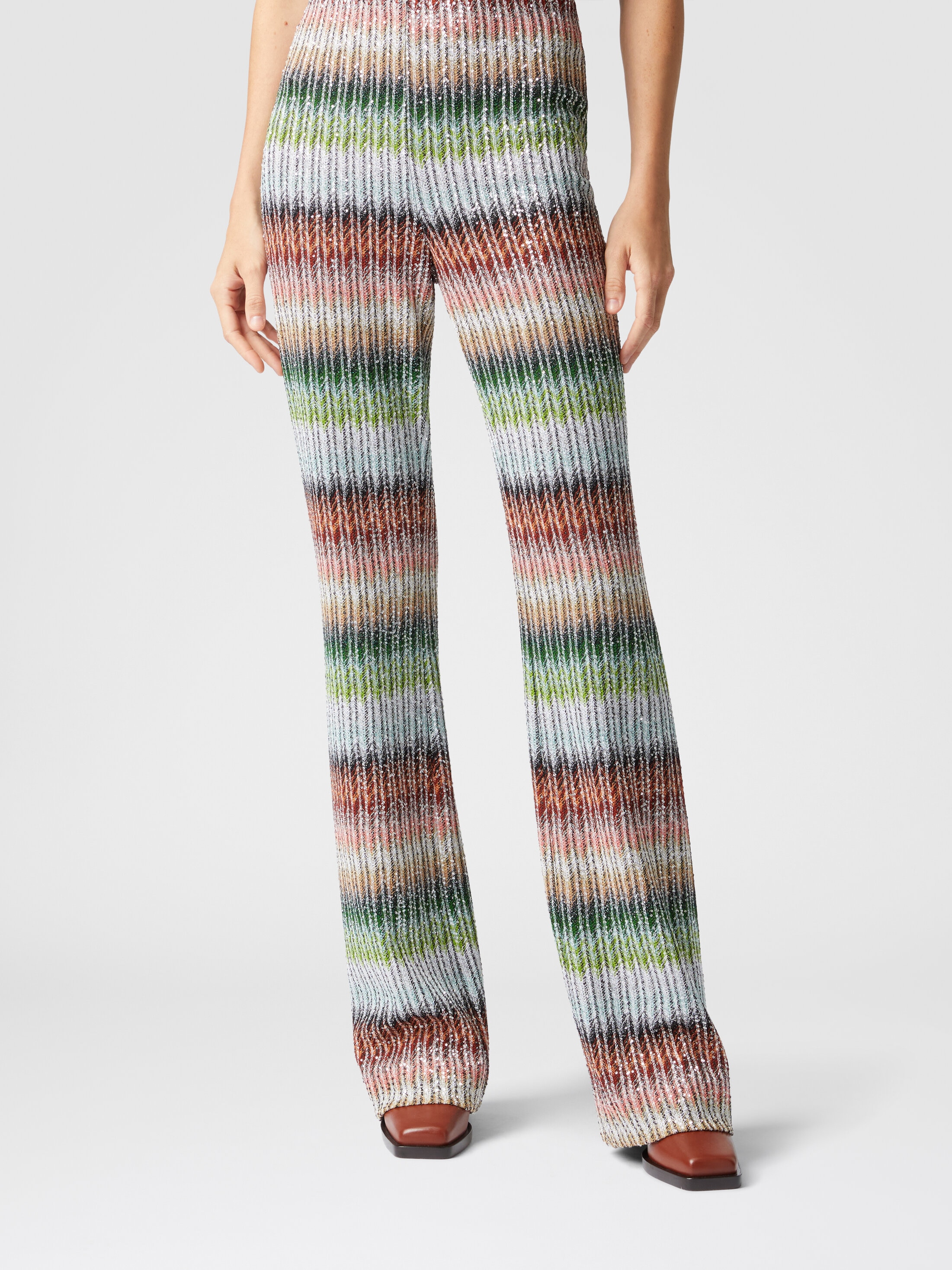 MISSONI★素敵！スパンコール装飾クロシェニットフレアパンツ スパンコール付きのスラブニットのフレアパンツ グリーン