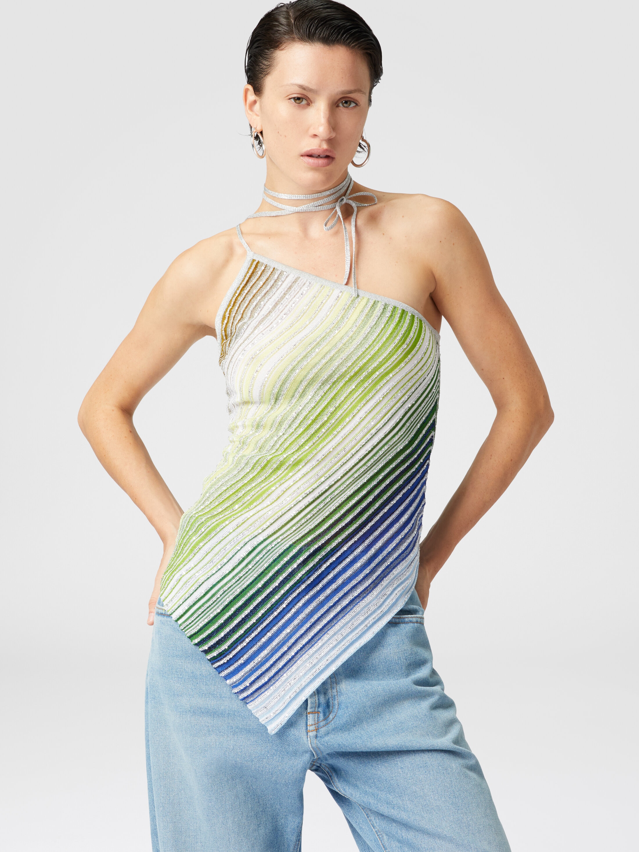 Asymmetrical one-shoulder partial striped top with sequins