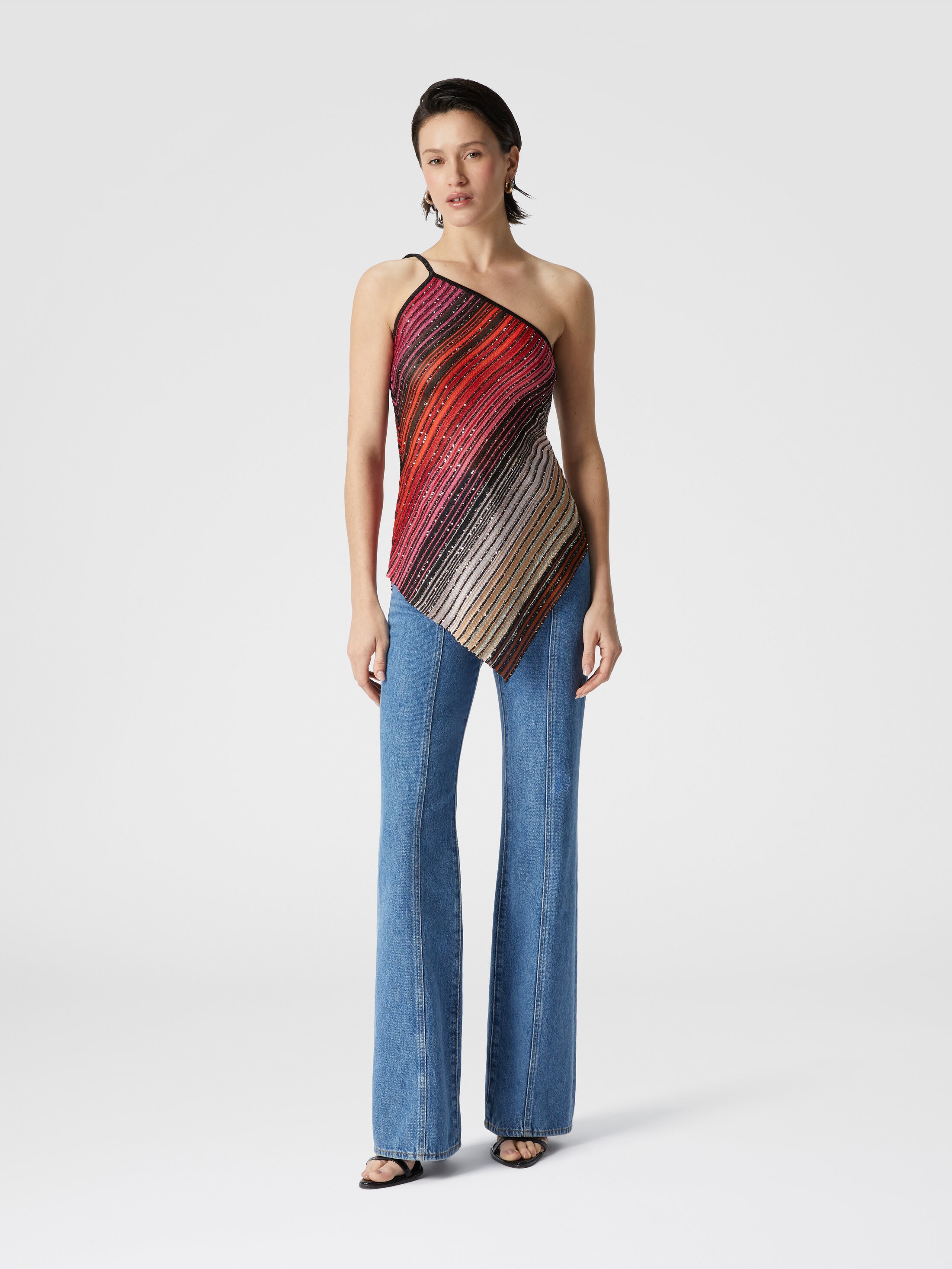 Asymmetrical one-shoulder partial striped top with sequins