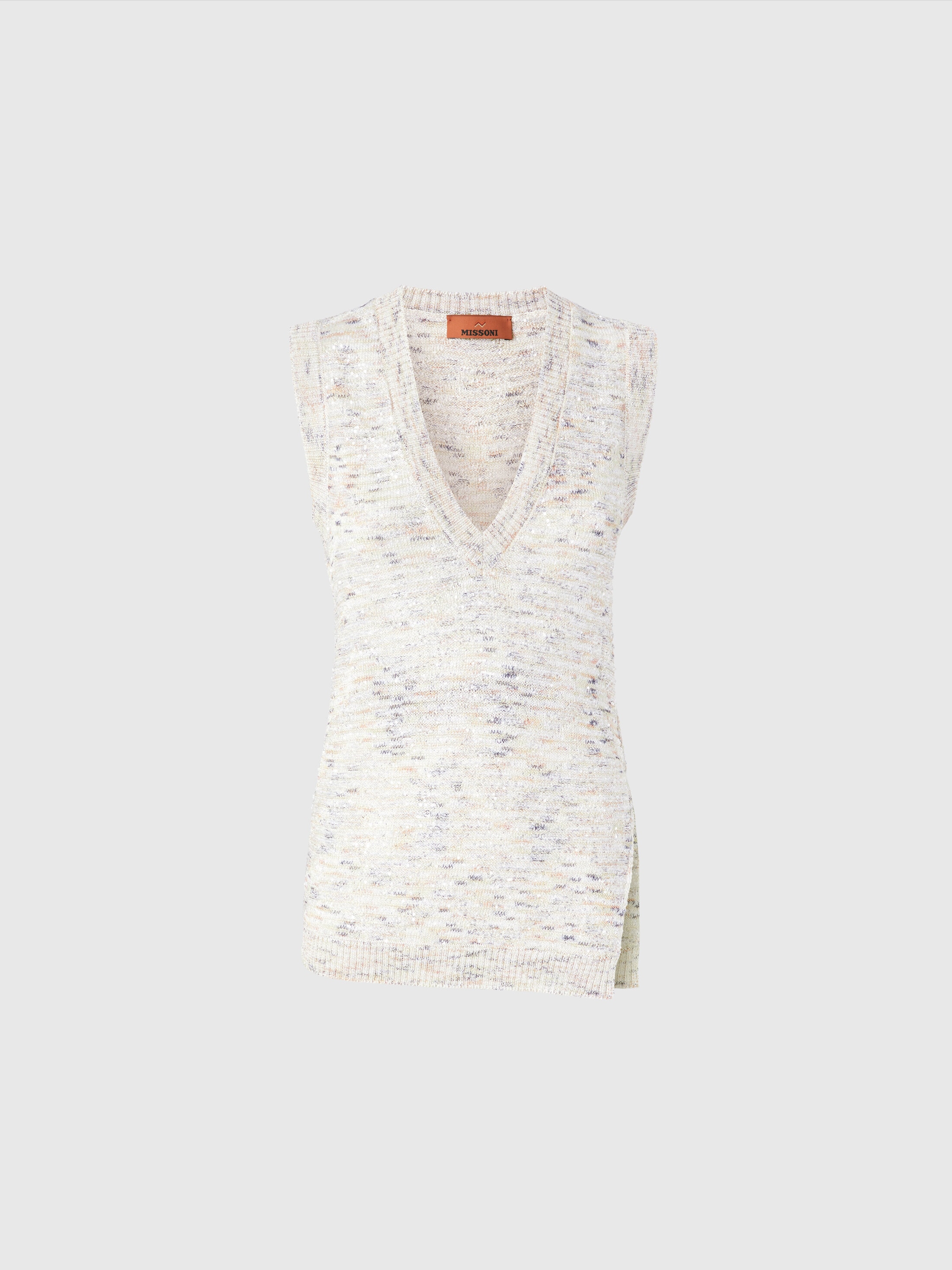 Missoni Sleeveless Top In Slub Knit With Sequins And V-neck In White,beige