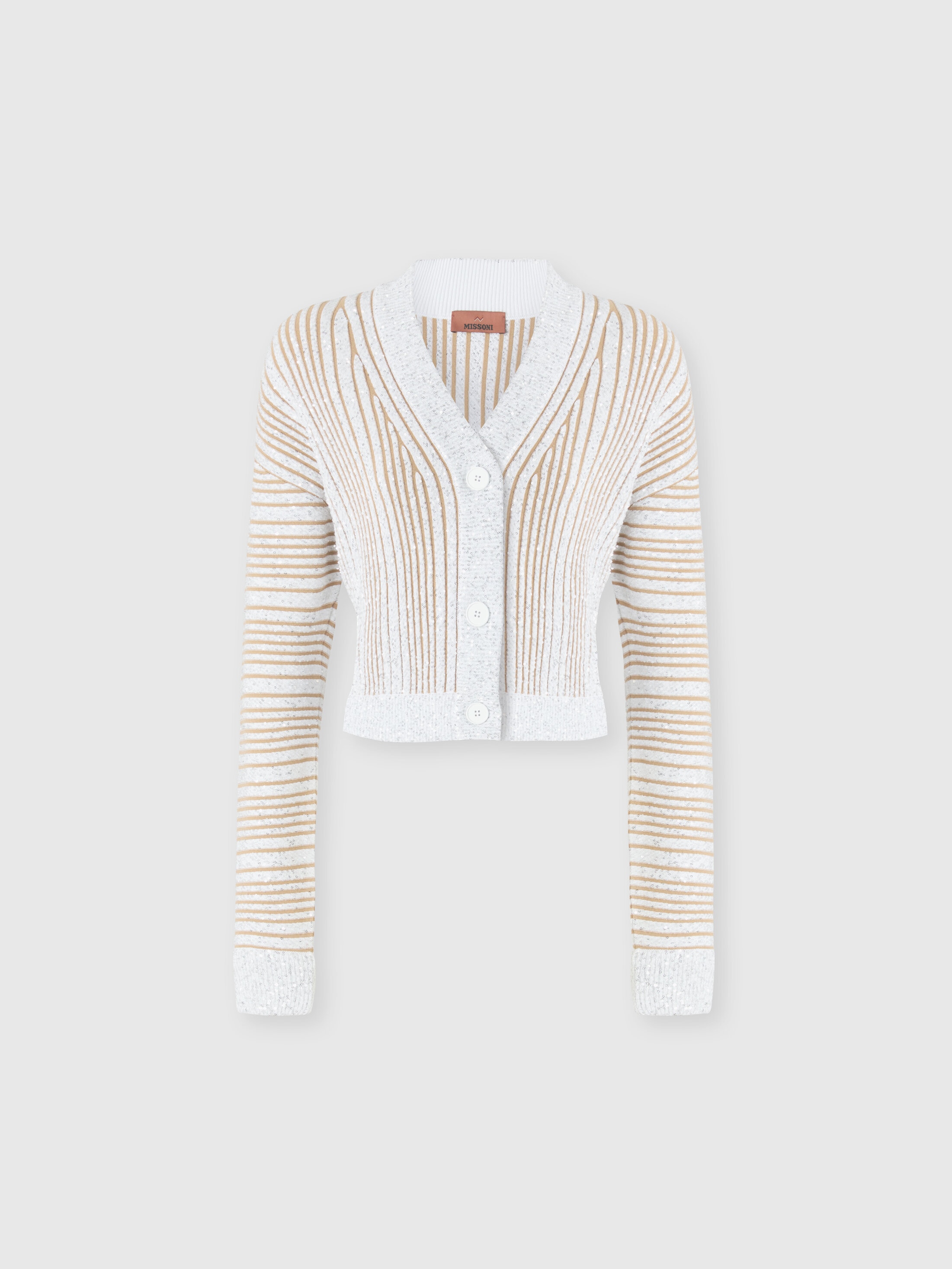 Shop Missoni Ribbed Cropped Cardigan With Sequins And V-neck In White,beige