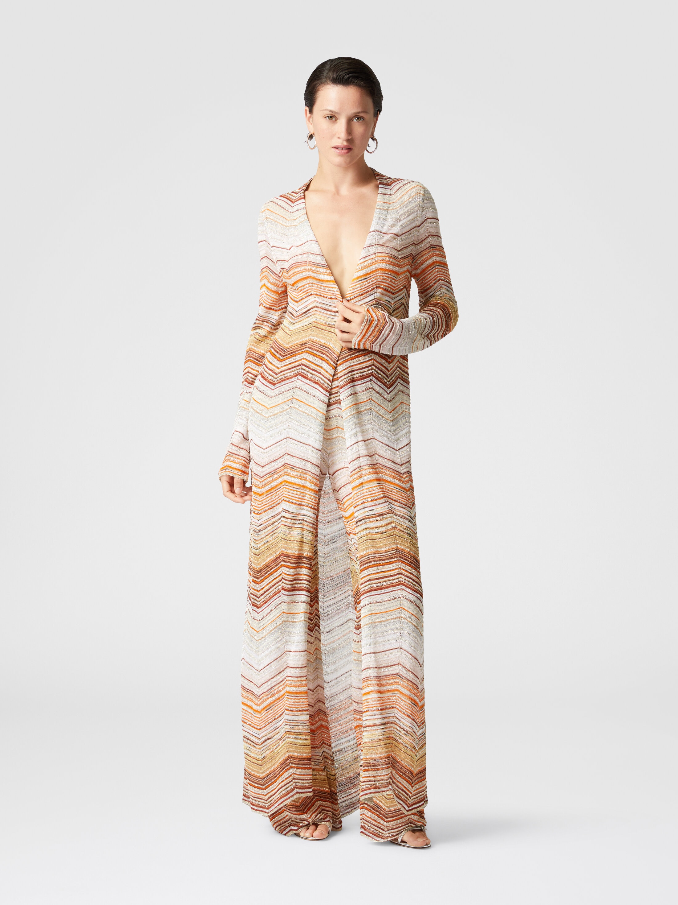 Long chevron lamé cardigan with sequins and decorative lace