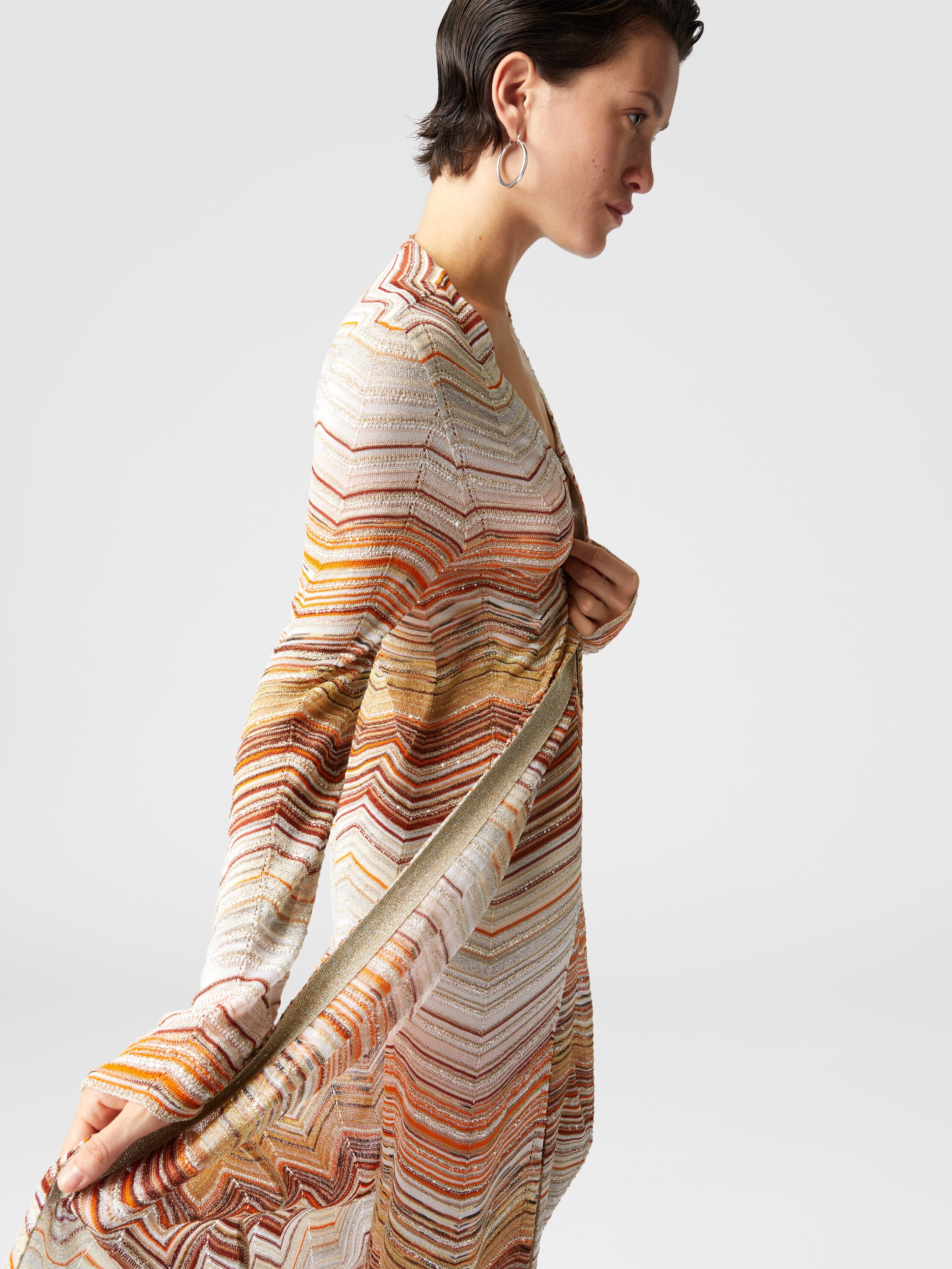 Long chevron lamé cardigan with sequins and decorative lace