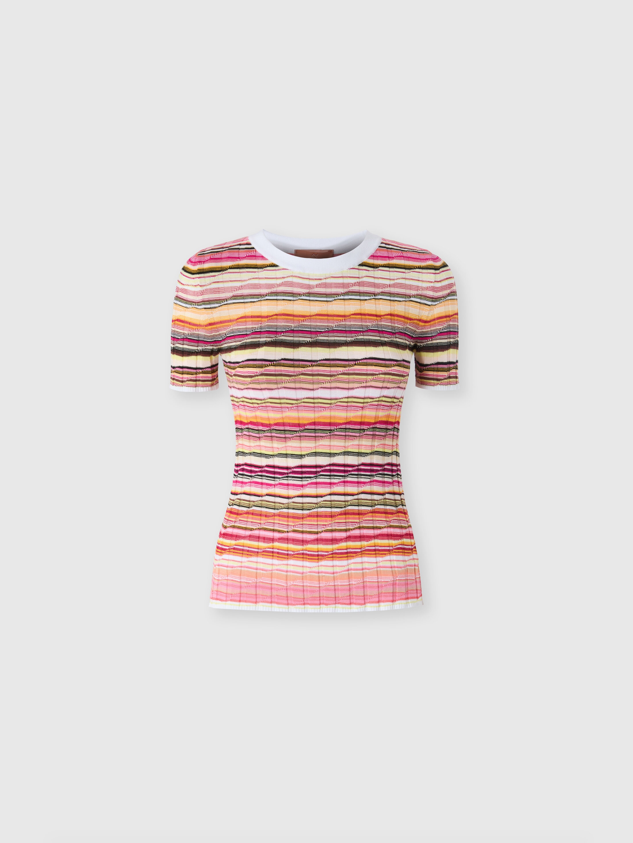 Missoni Striped Cotton And Viscose Ribbed Sweater With Three-quarter Sleeves In Pink