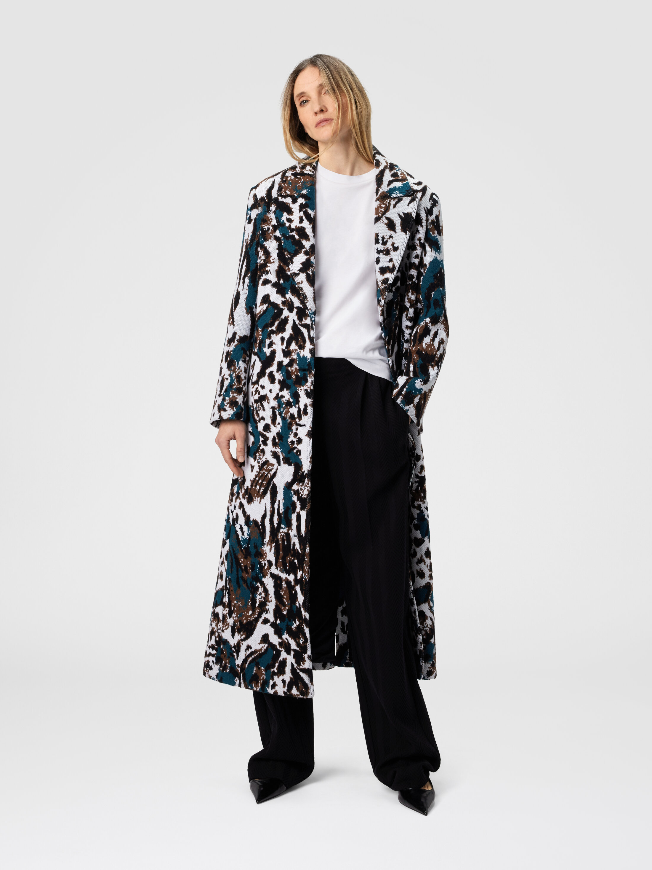 Long single-breasted coat with animalier pattern Multicoloured