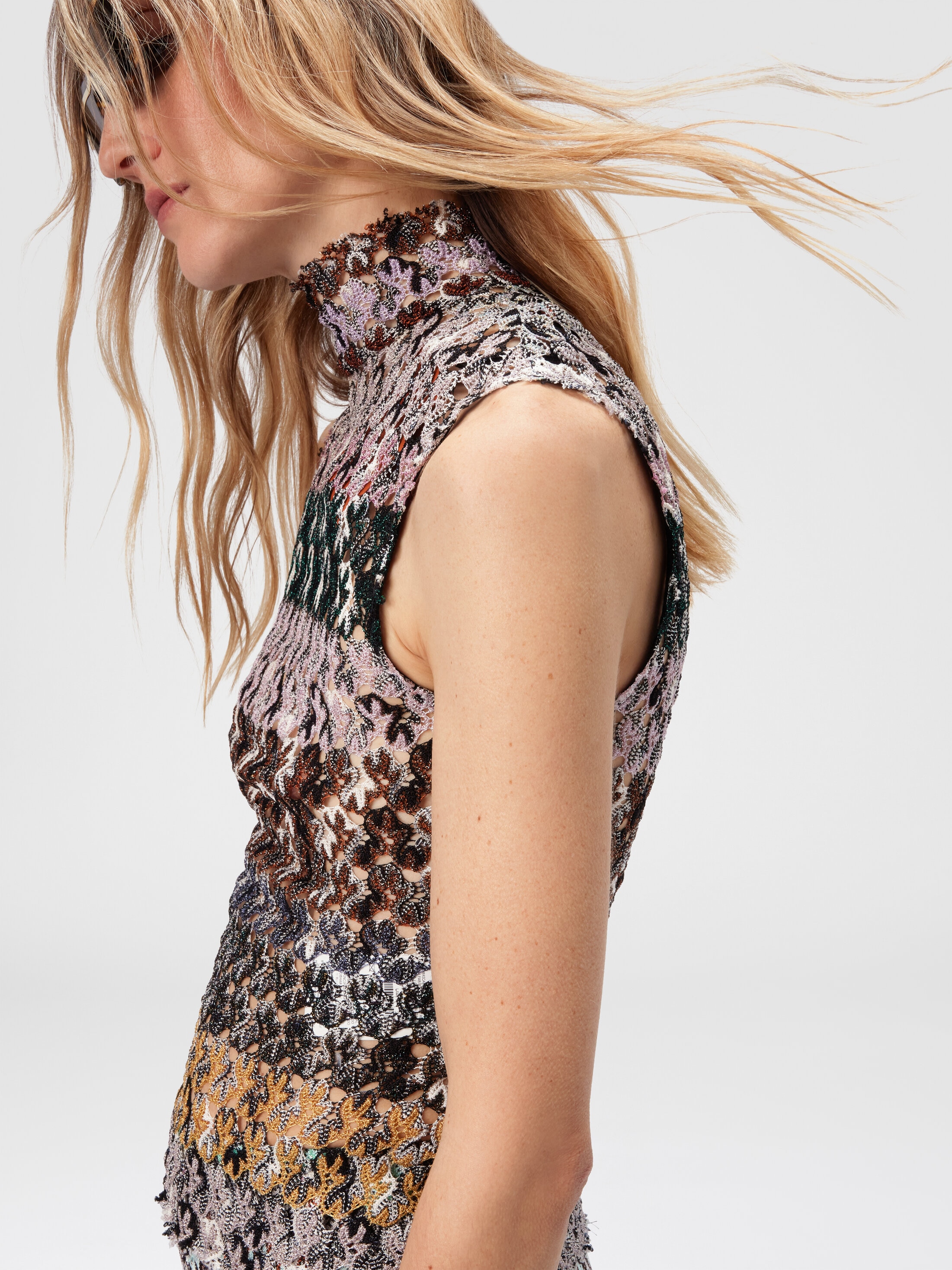High-neck top in striped embroidered lace Multicoloured