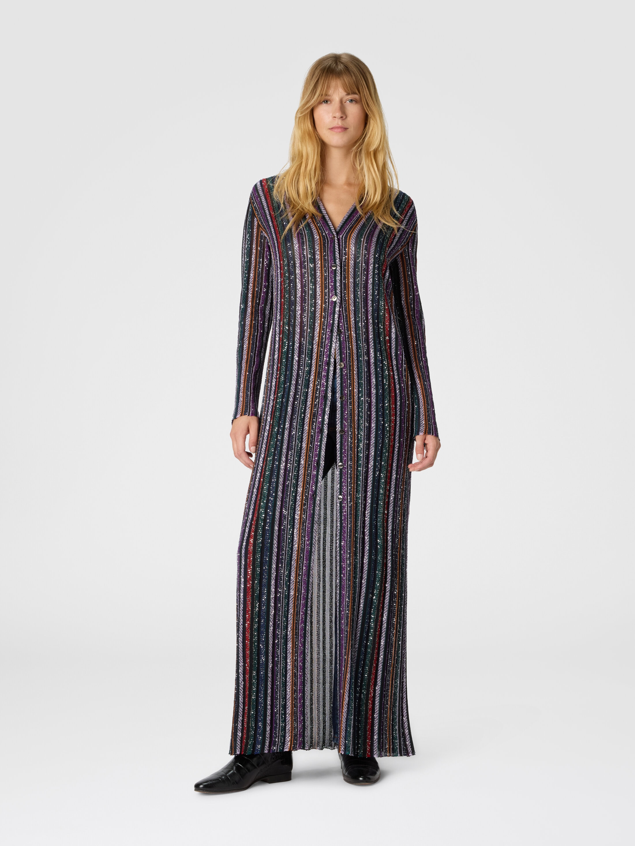 Long cardigan in herringbone stripe knit Multicoloured | Missoni