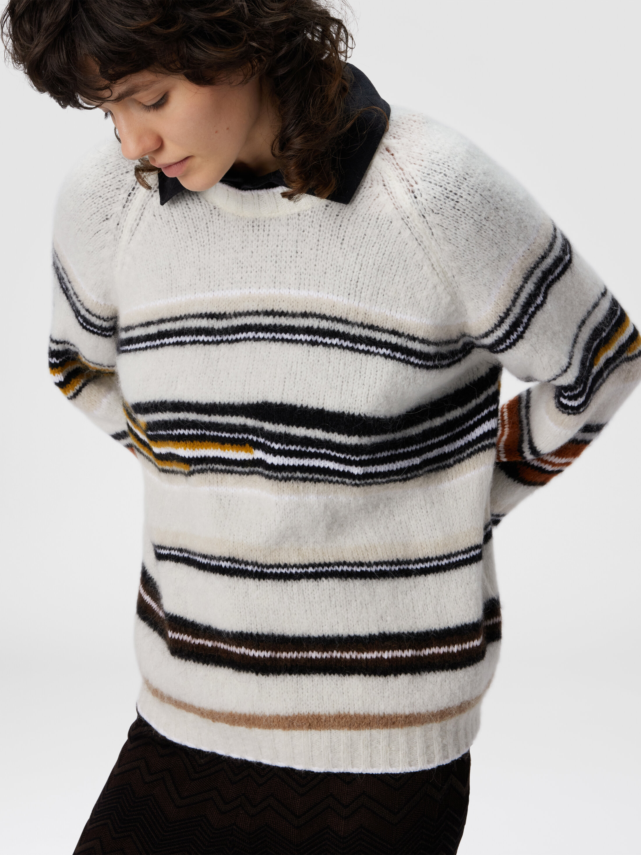 Crew neck striped sweater in wool, mohair and alpaca Multicoloured