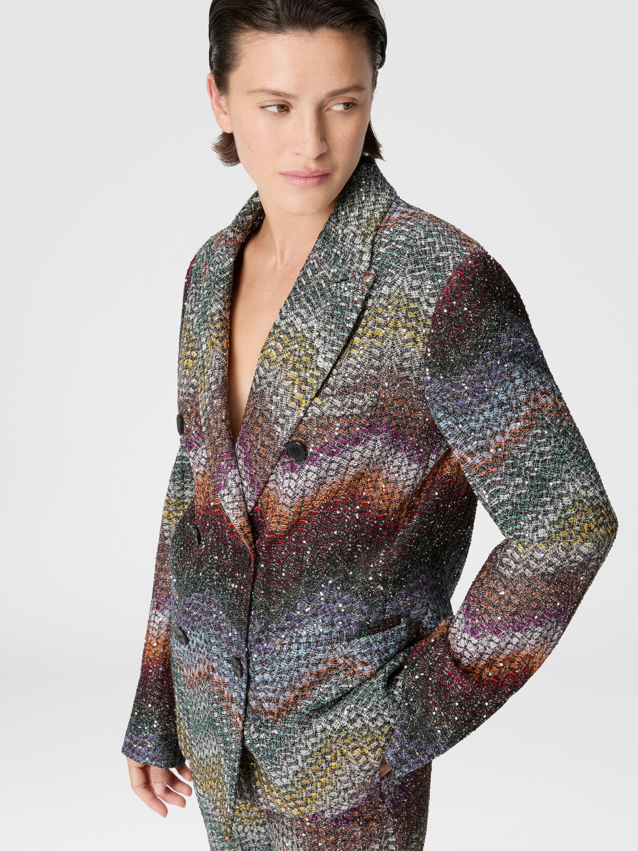 Double-Breasted Viscose Lamé Blazer with Sequins Multicoloured