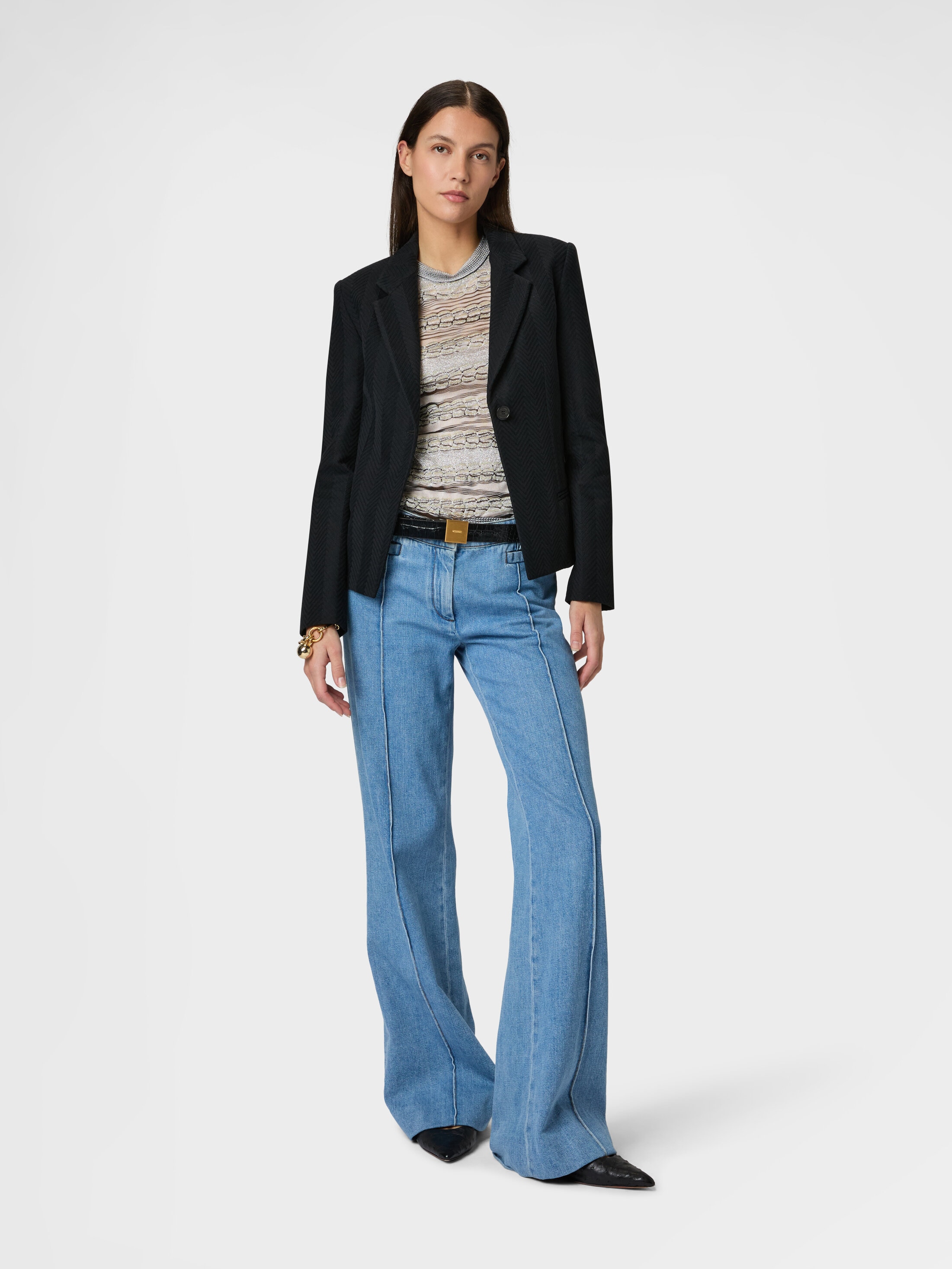 Single-Breasted Tone-on-Tone Zigzag Cotton and Viscose Blazer