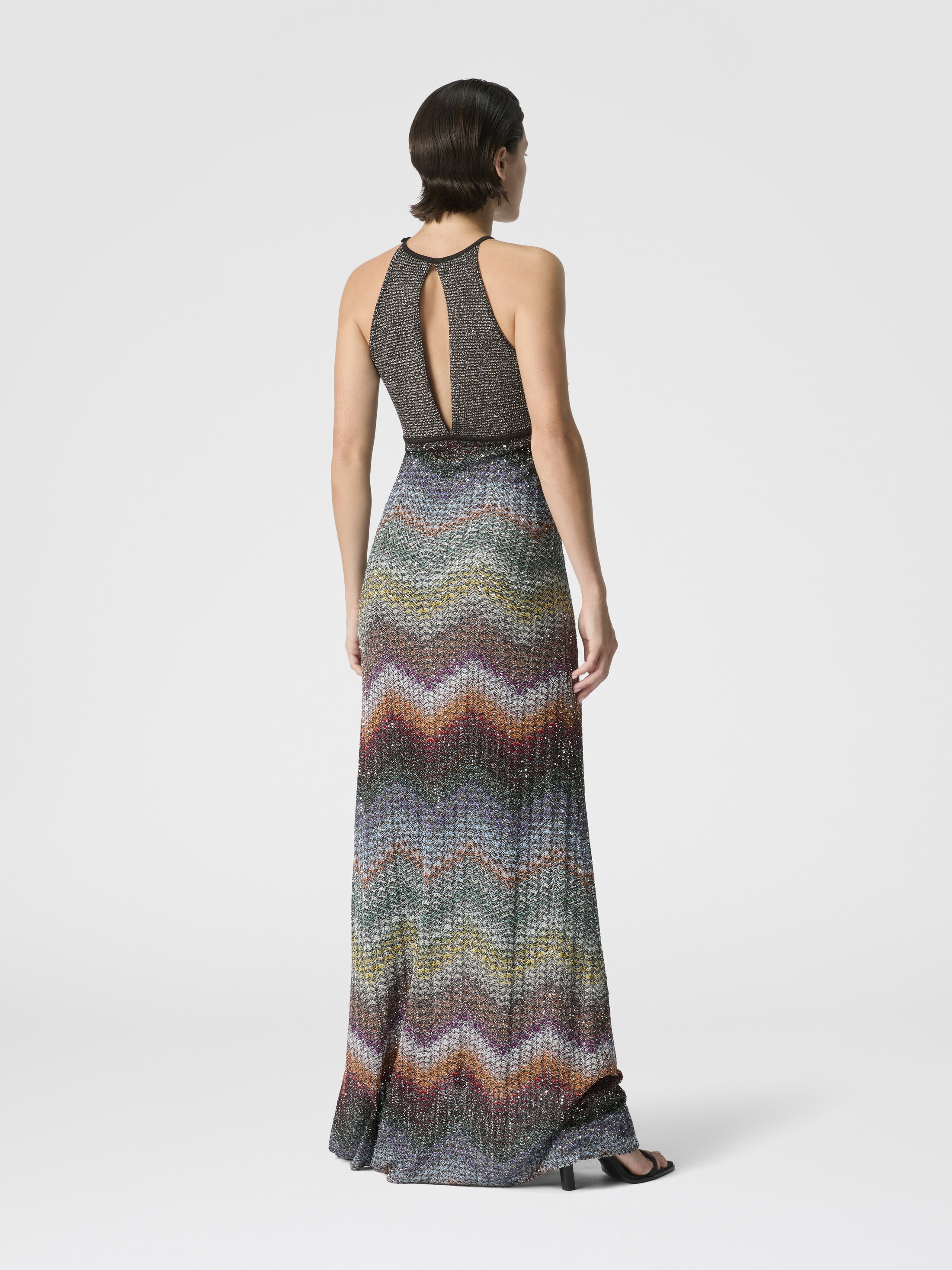 Long halter-neck dress in a Greek-style zigzag knit with sequins