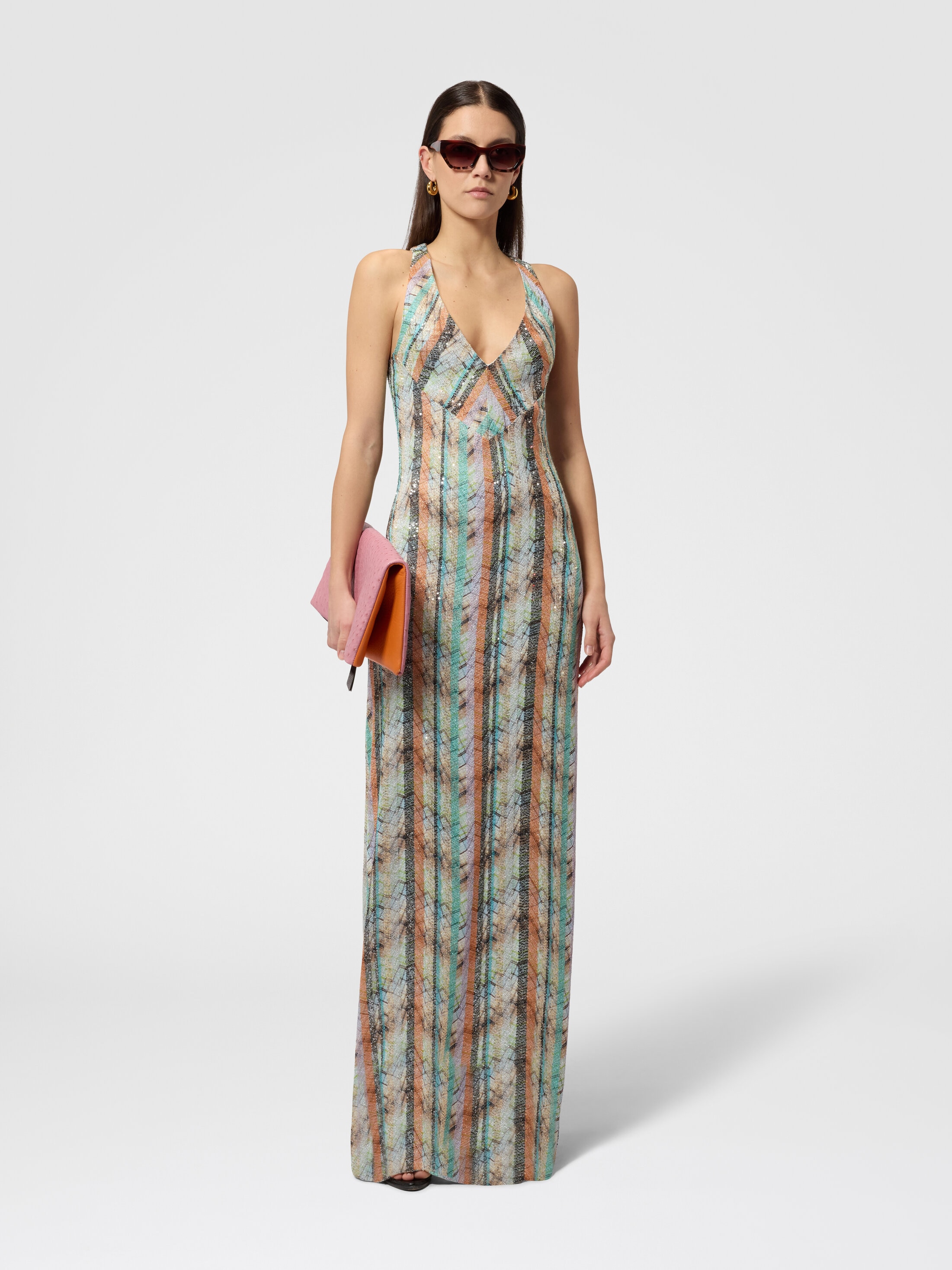Sleeveless Multi-Technique Mixed Viscose Lamé Gown Multicoloured