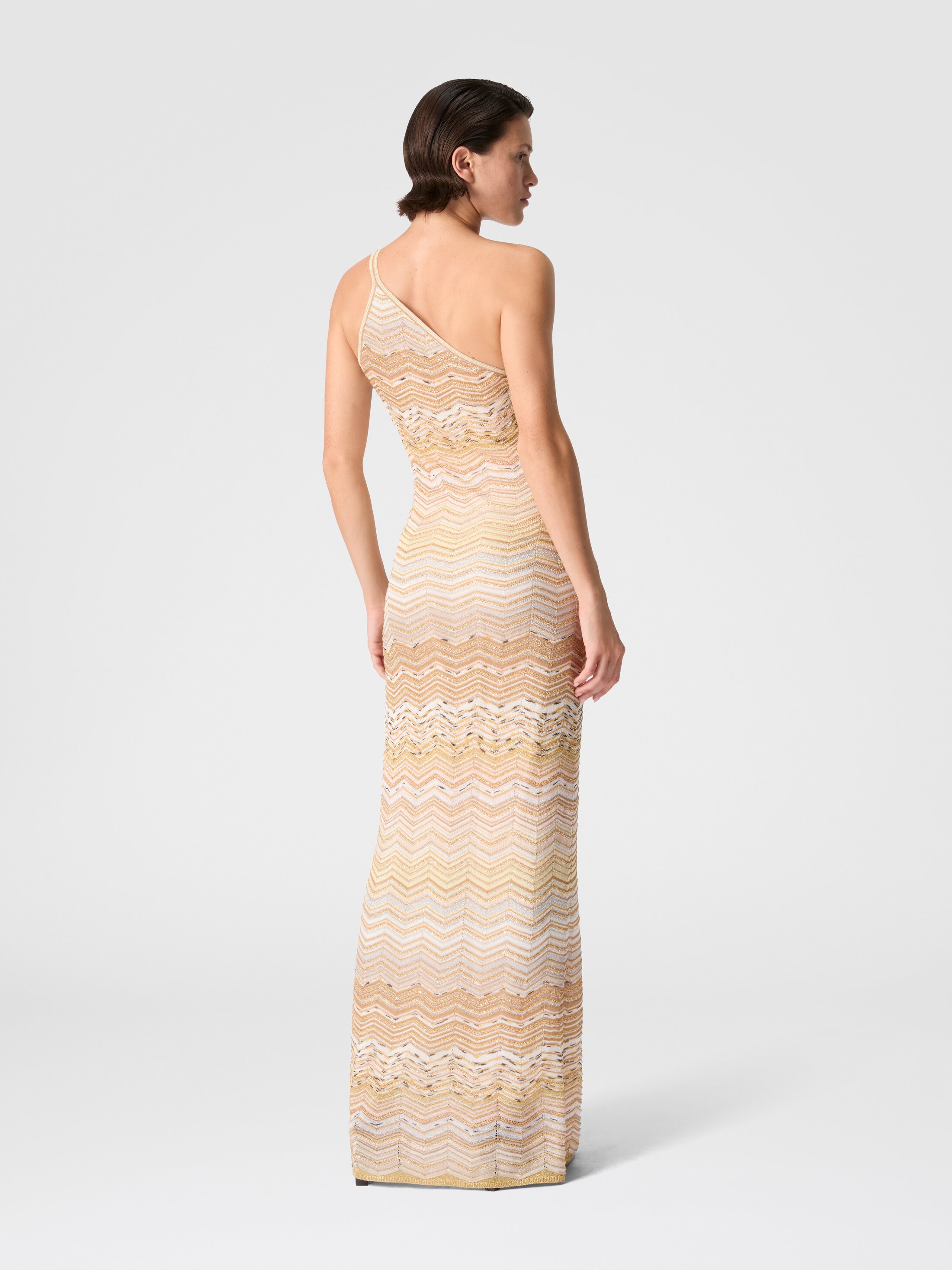Long one-shoulder dress with a chevron pattern with sequins Green& Brown |  Missoni