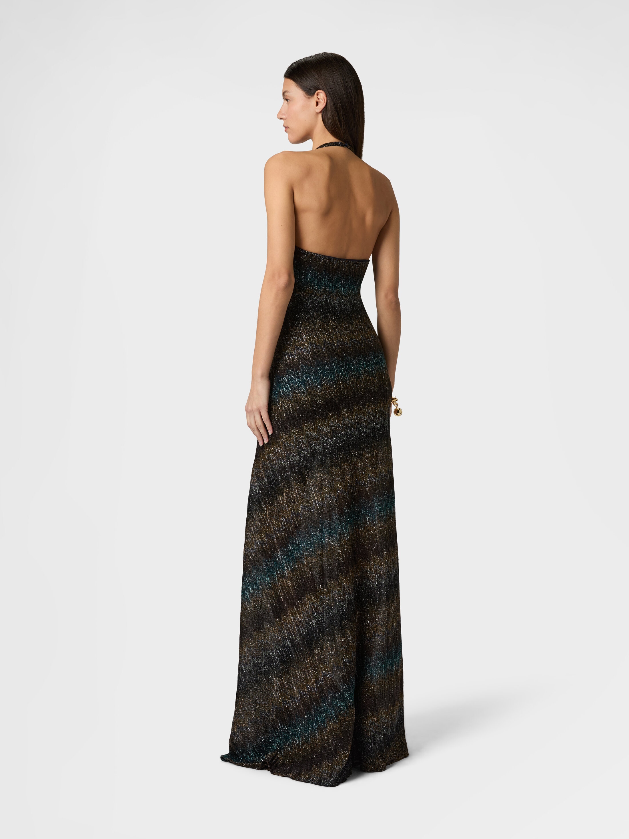Snake-Pattern Viscose Lamé Gown with Halter Neck Green& Brown 