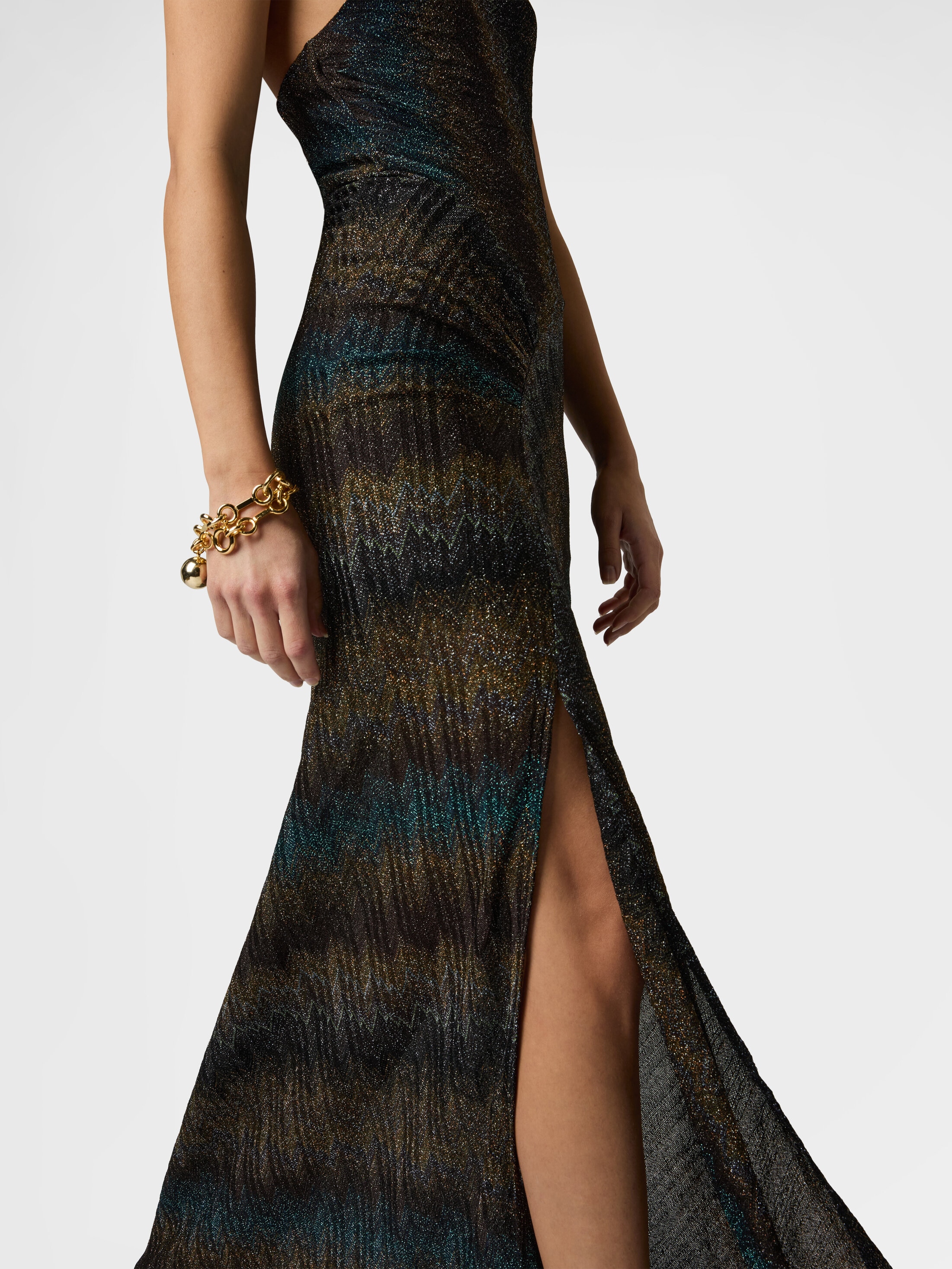 Snake-Pattern Viscose Lamé Gown with Halter Neck Green& Brown 