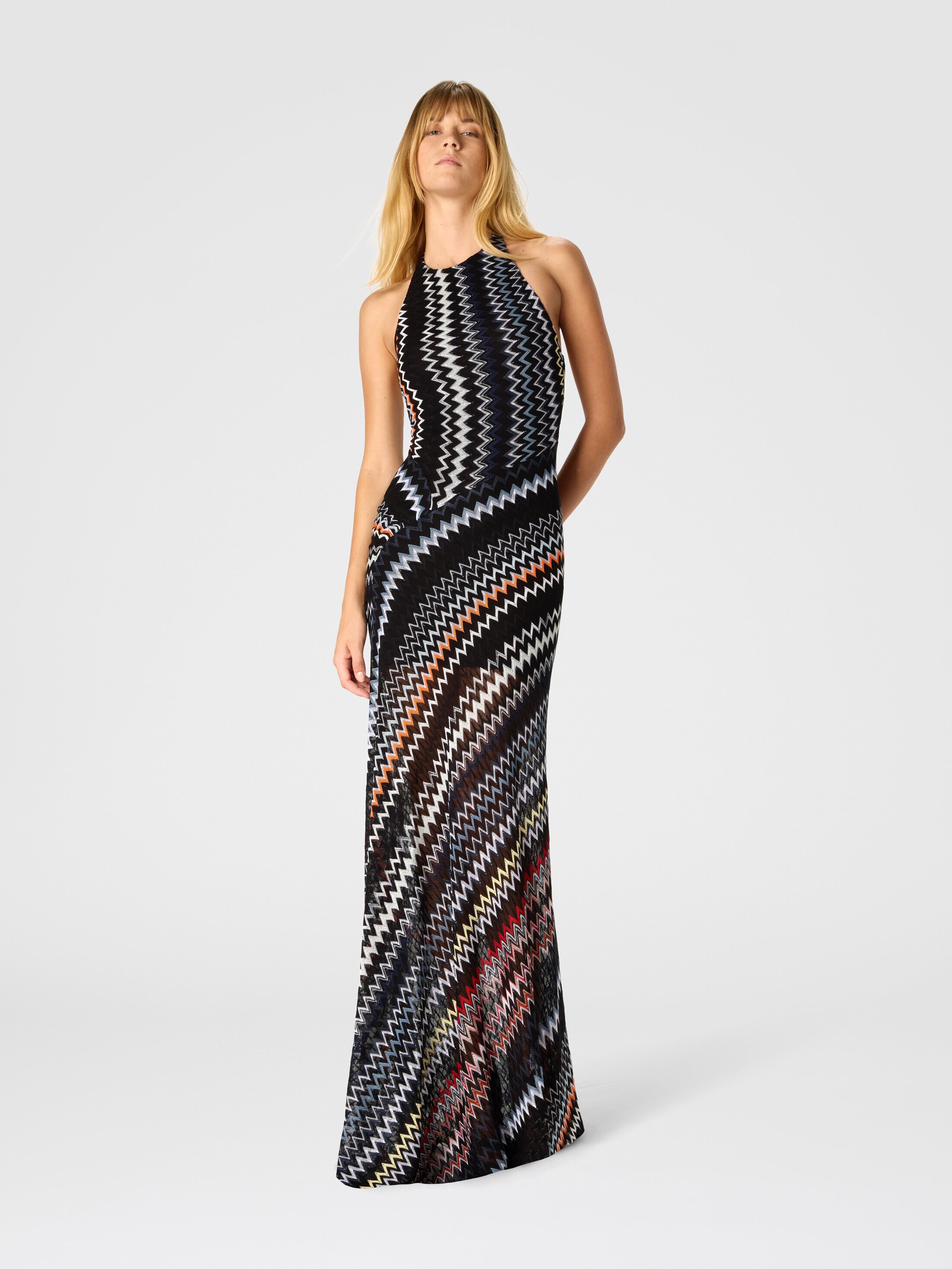 Viscose and Cotton Gown with Halter Neck and Slit Green& Brown 