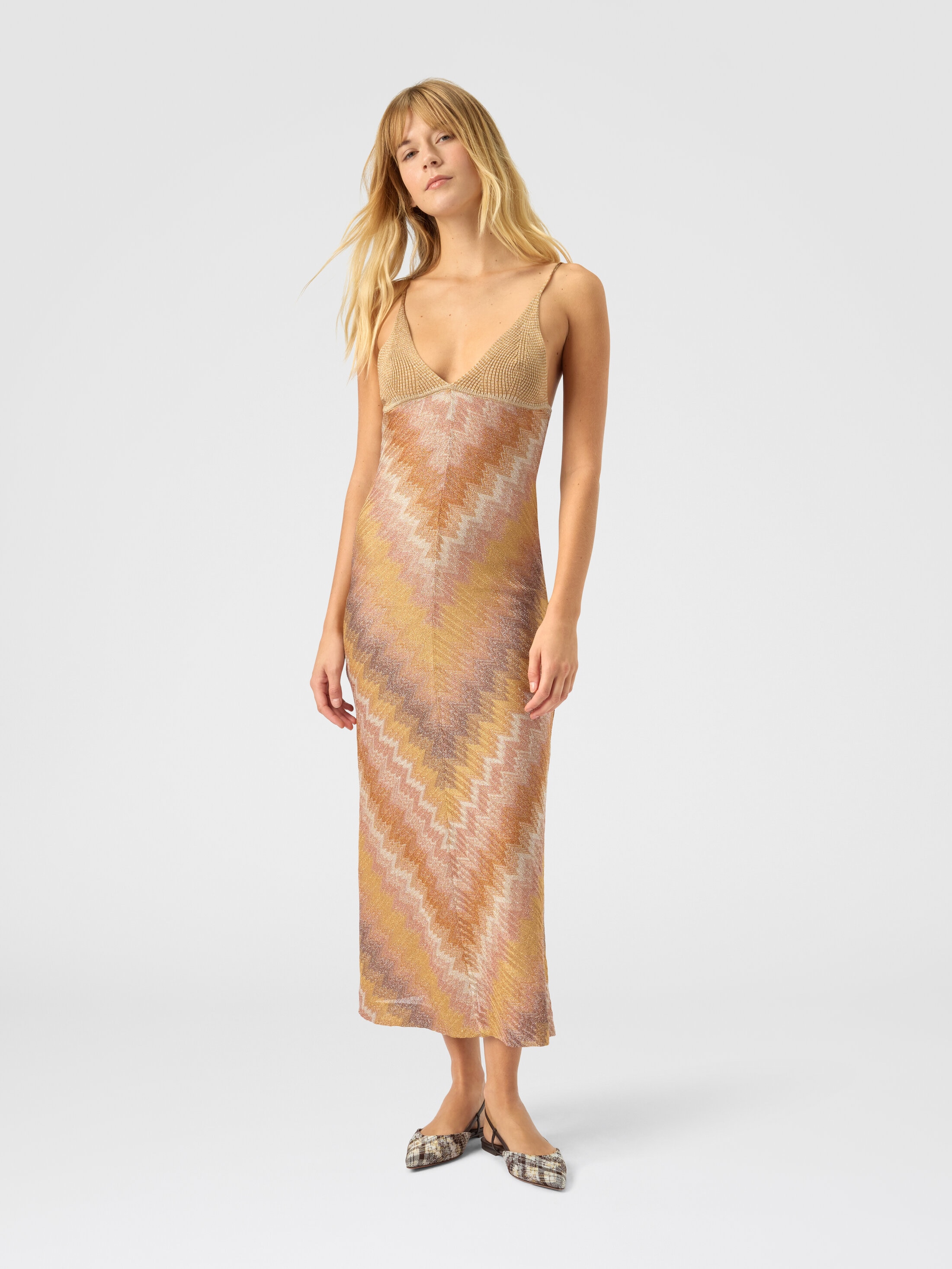 Viscose Lamé Gown with Deep Neckline Gold | Missoni