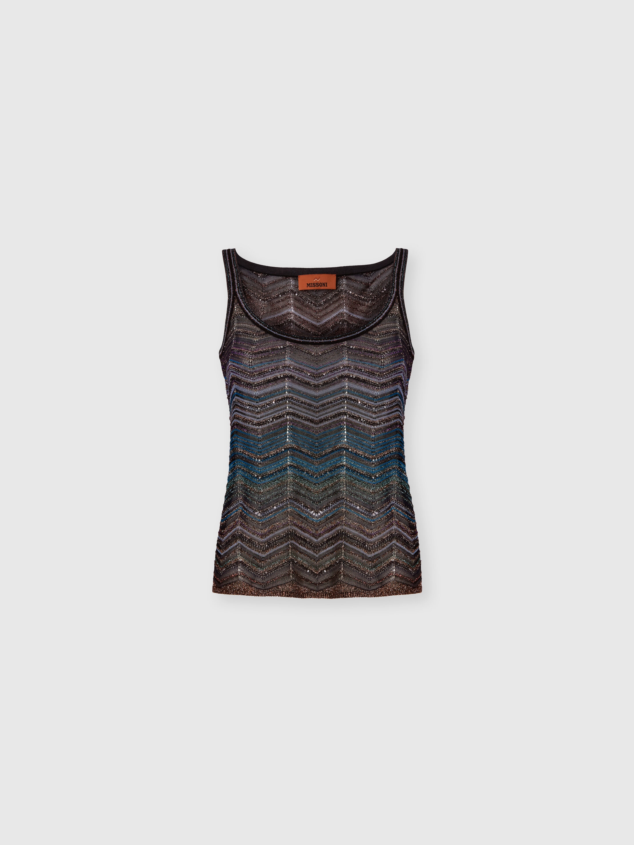 Missoni Donna Blu Scuro - Top Girocollo Smanicato In Viscosa Chevron Lamé Con Paillettes, Taglia: 44
