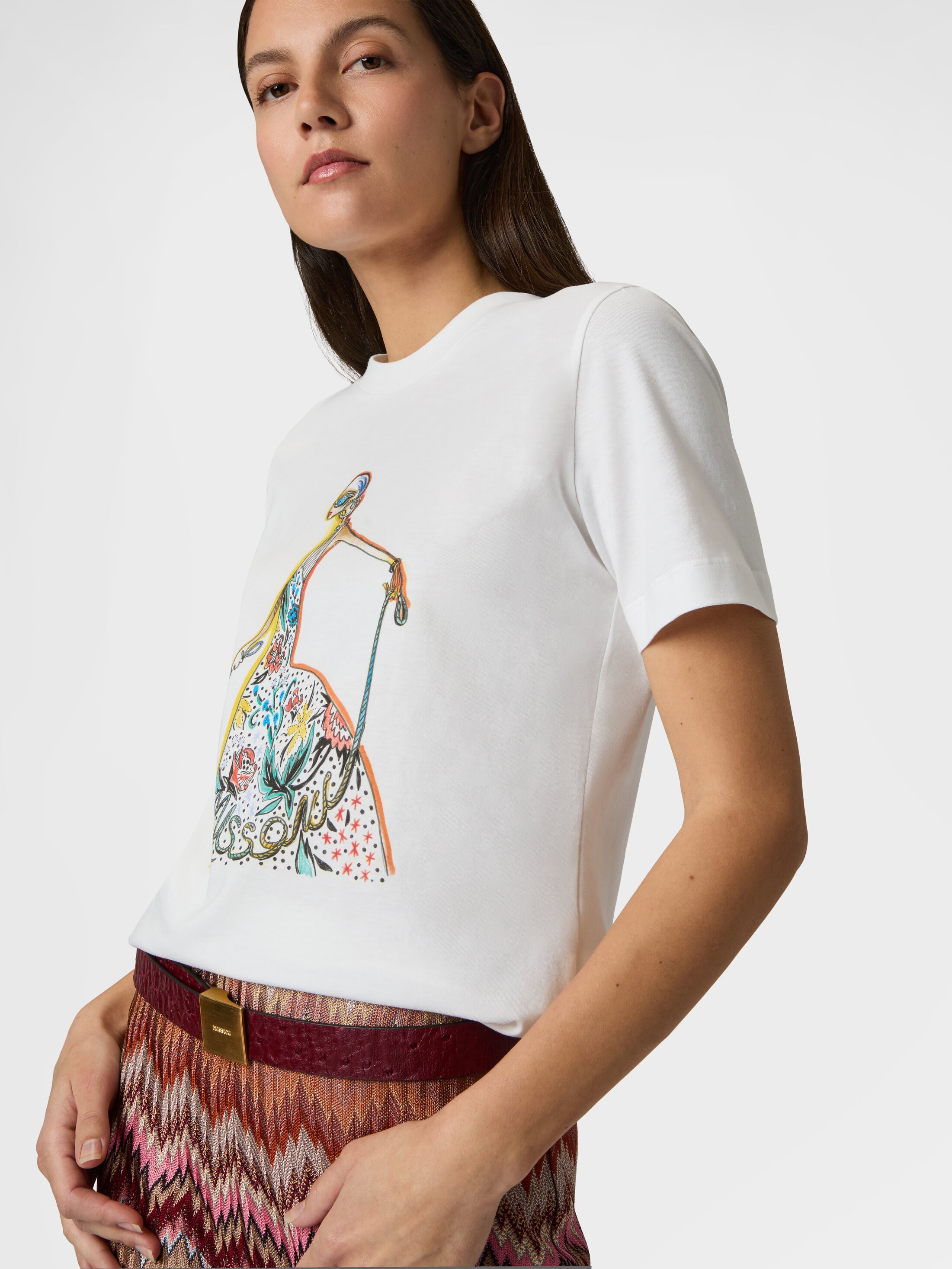 Cotton Jersey Crewneck T-Shirt with Print and Logo White | Missoni