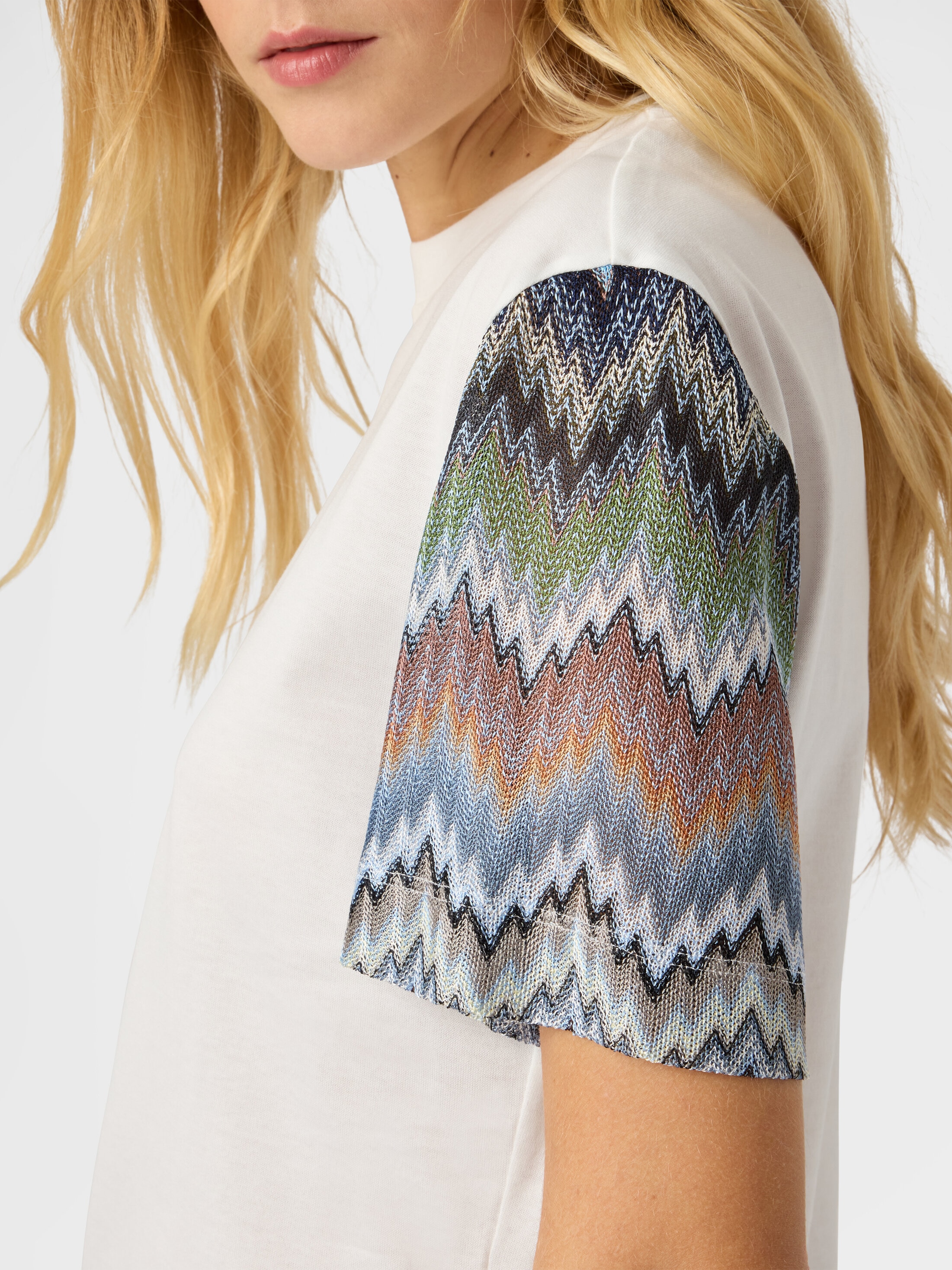 Cotton Jersey Crewneck T-Shirt with Contrast Sleeves White | Missoni