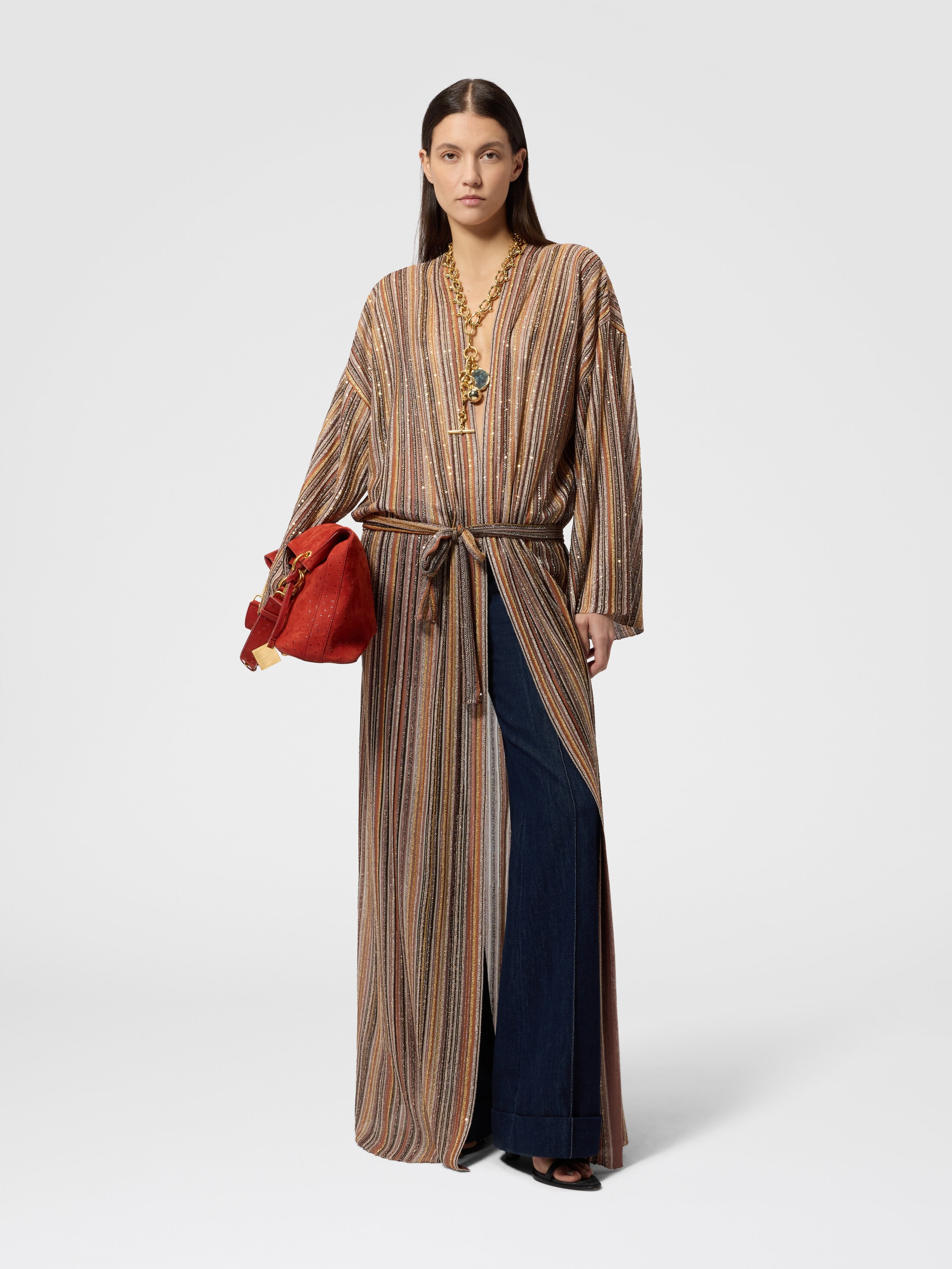 Long cardigan côtelé en viscose lamé avec ceinture Or& Beige | Missoni