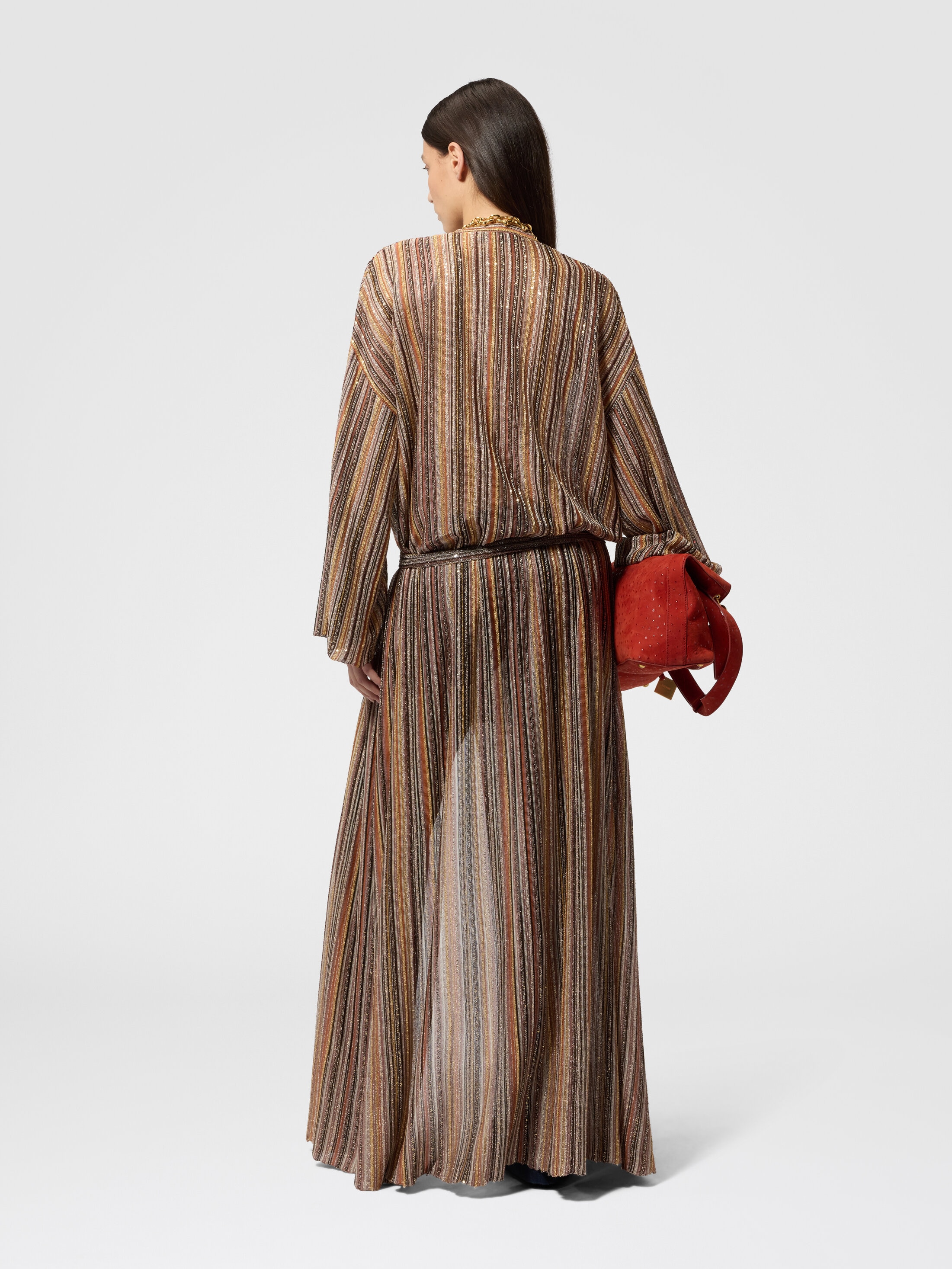 Ribbed Viscose Lamé Long Cardigan with Belt Green& Brown | Missoni
