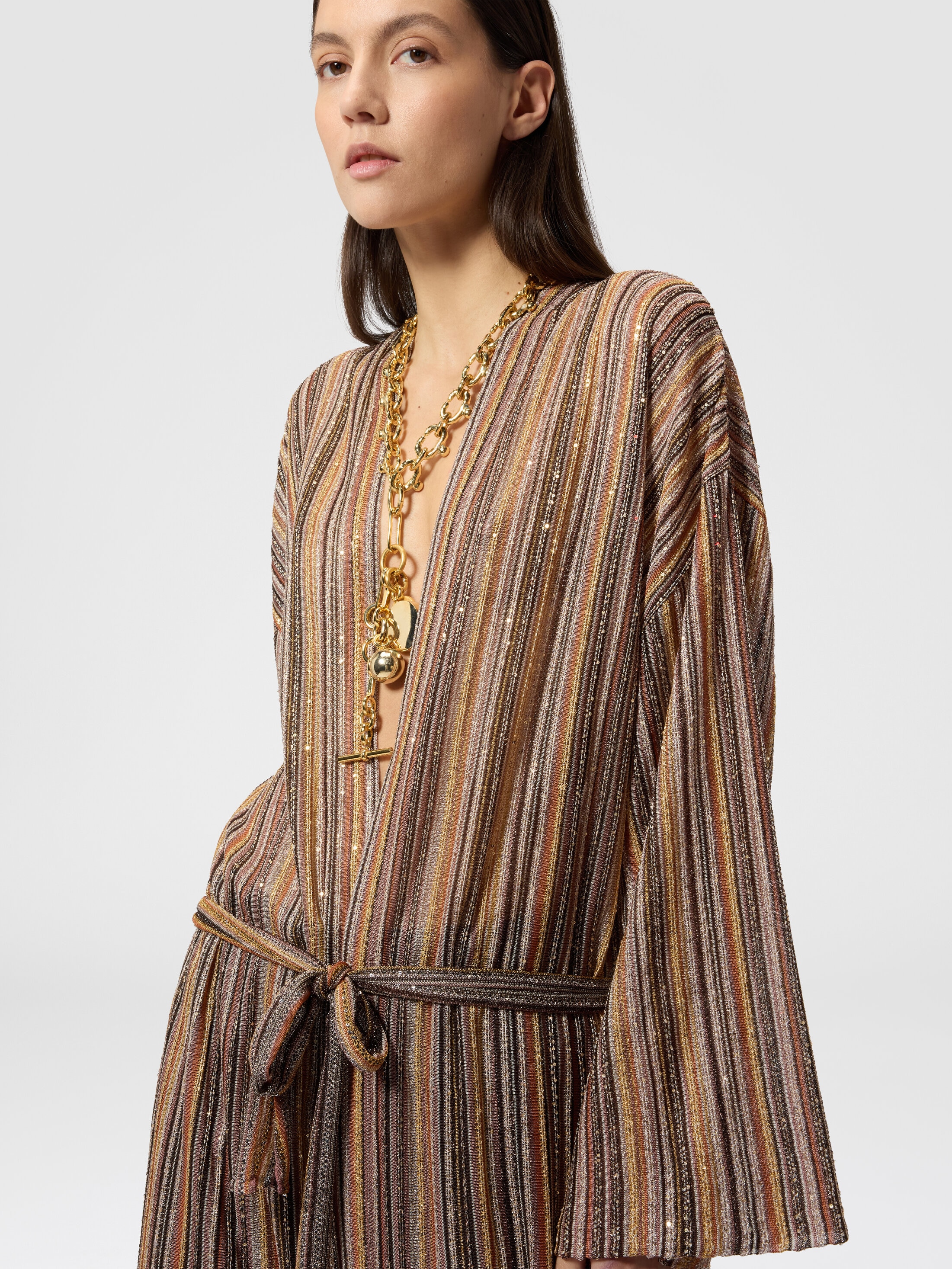 Ribbed Viscose Lamé Long Cardigan with Belt Gold& Beige | Missoni