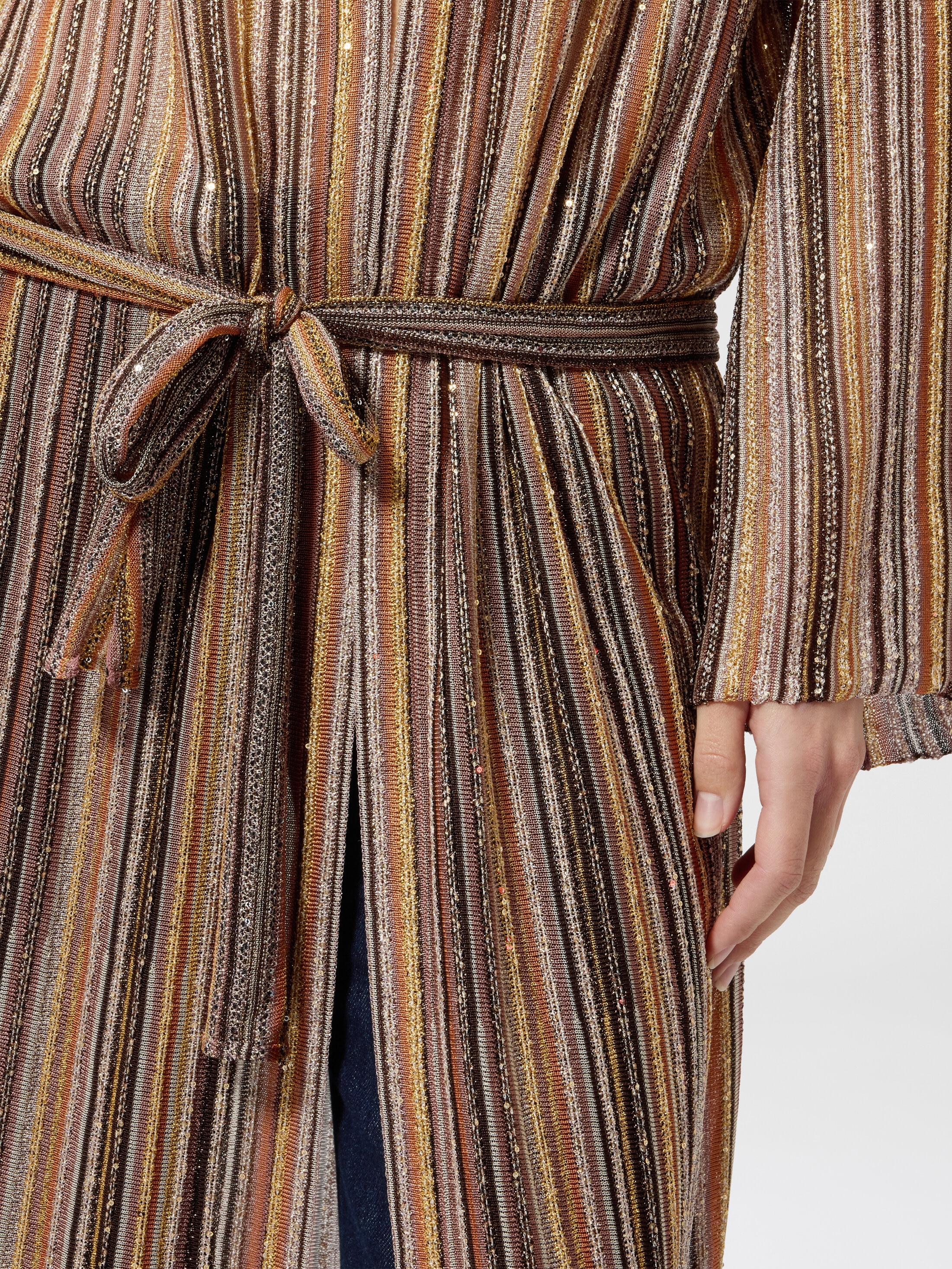 Long cardigan côtelé en viscose lamé avec ceinture Or& Beige | Missoni
