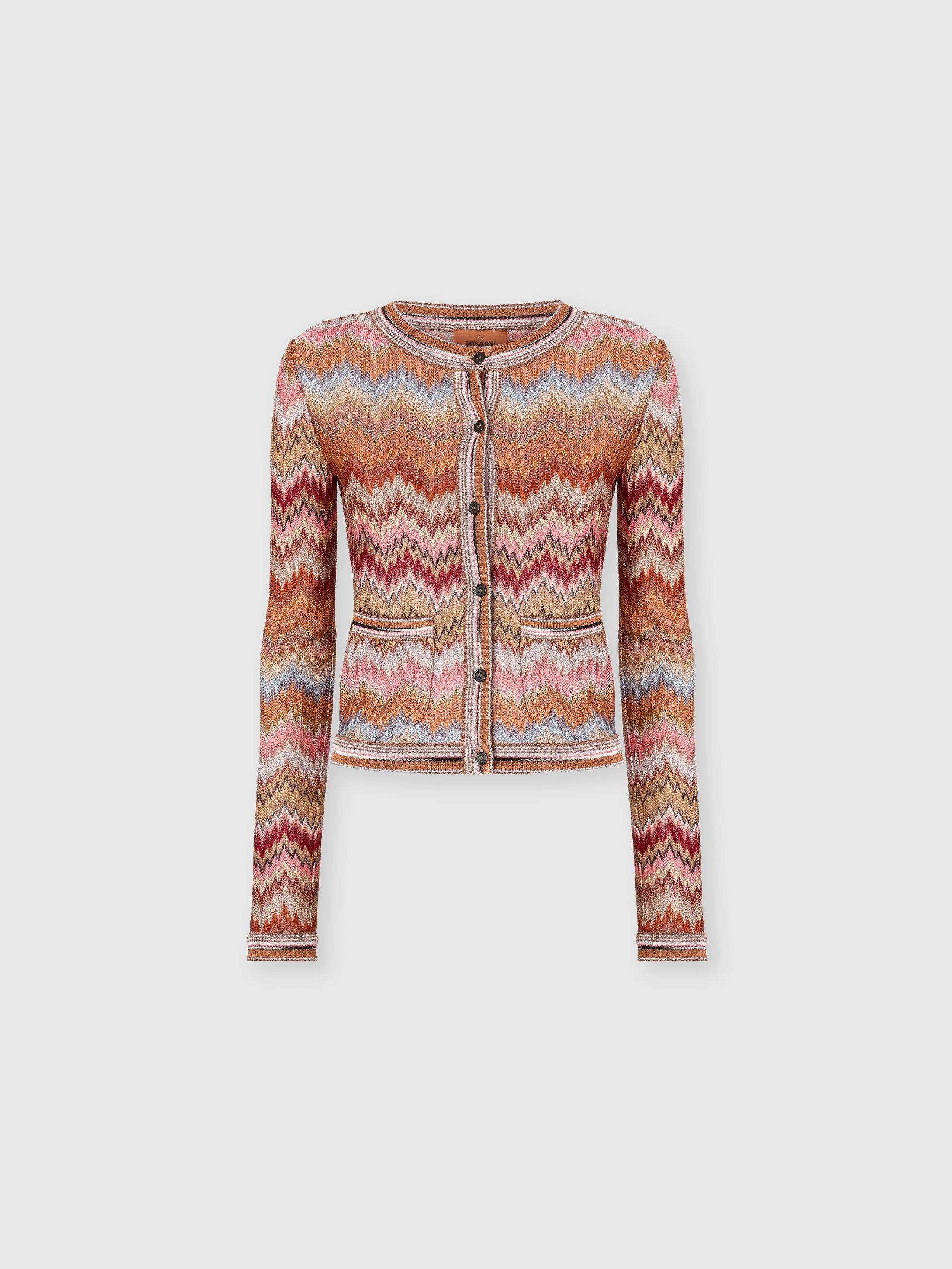 Snake-Pattern Viscose Chevron Cardigan with Patch Pockets Pink