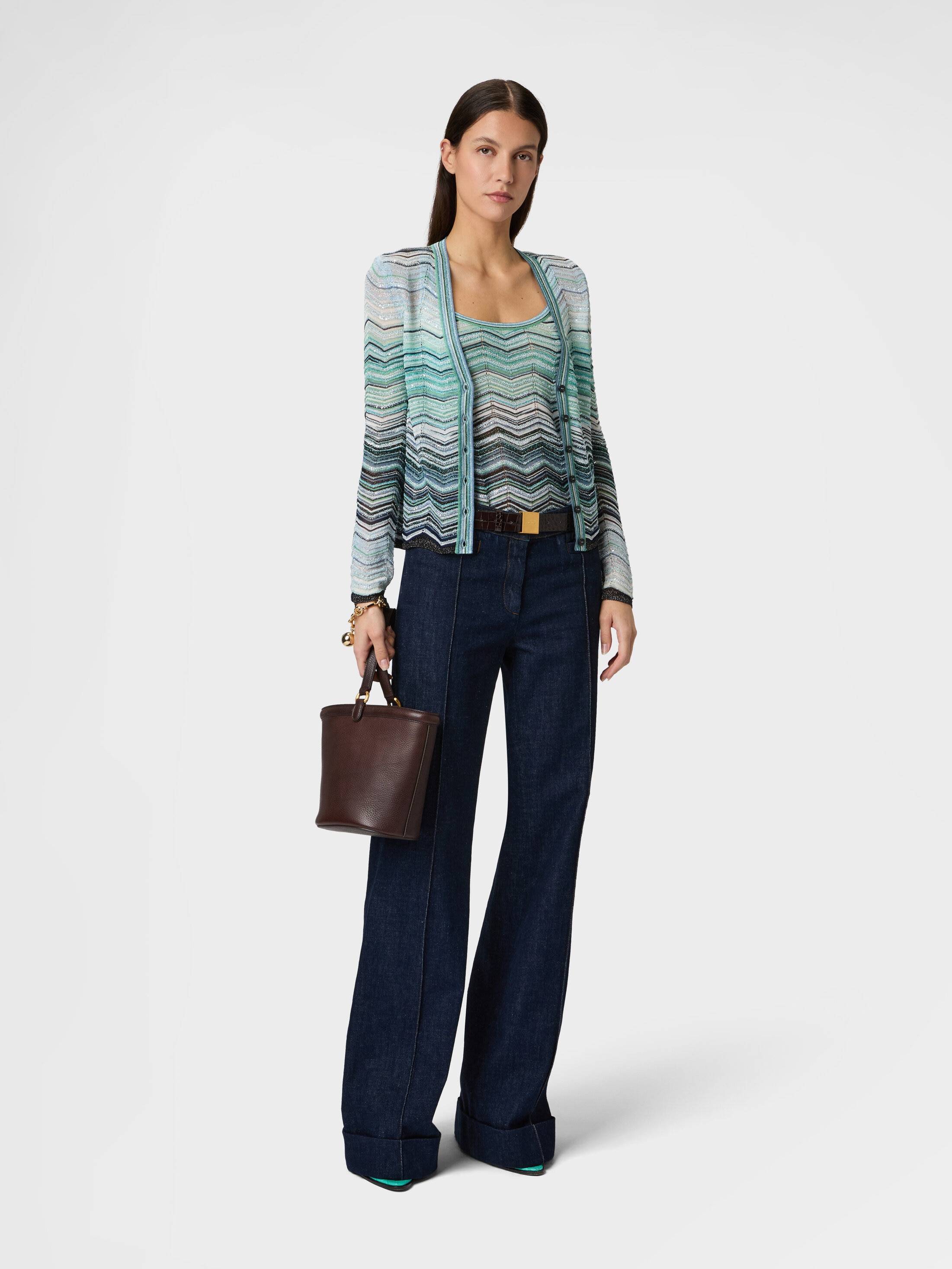Cardigan in viscose chevron lamé with sequins Turquoise | Missoni