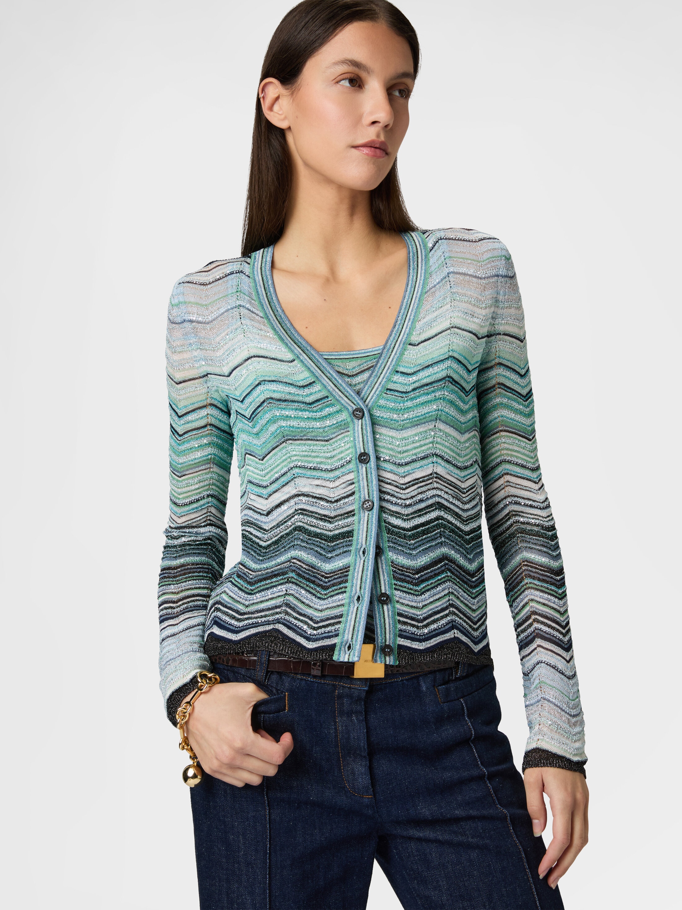 Cardigan in viscose chevron lamé with sequins Turquoise | Missoni