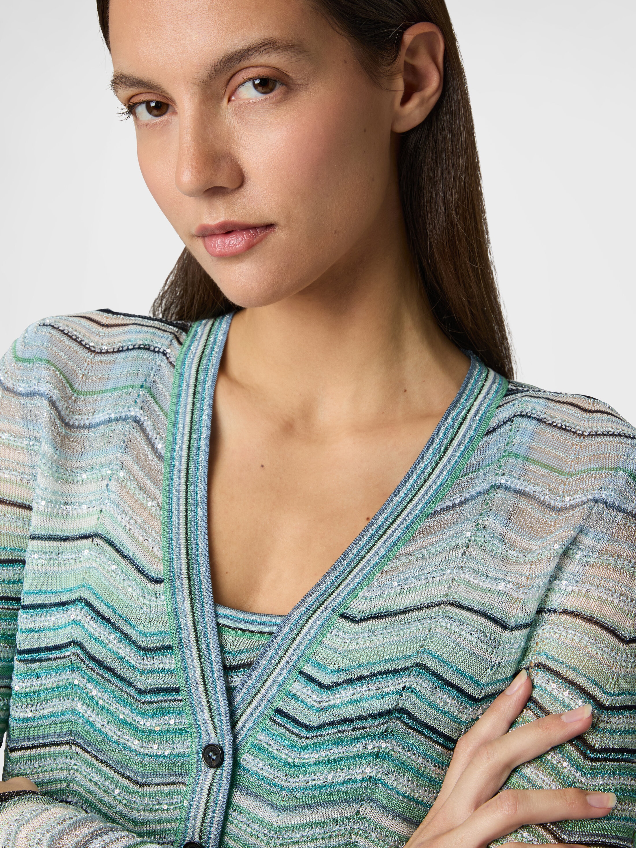 AMERI　LAME JACQUARD BLOUSON KNIT TOP Cardigan in viscose chevron lamé with sequins Turquoise | Missoni