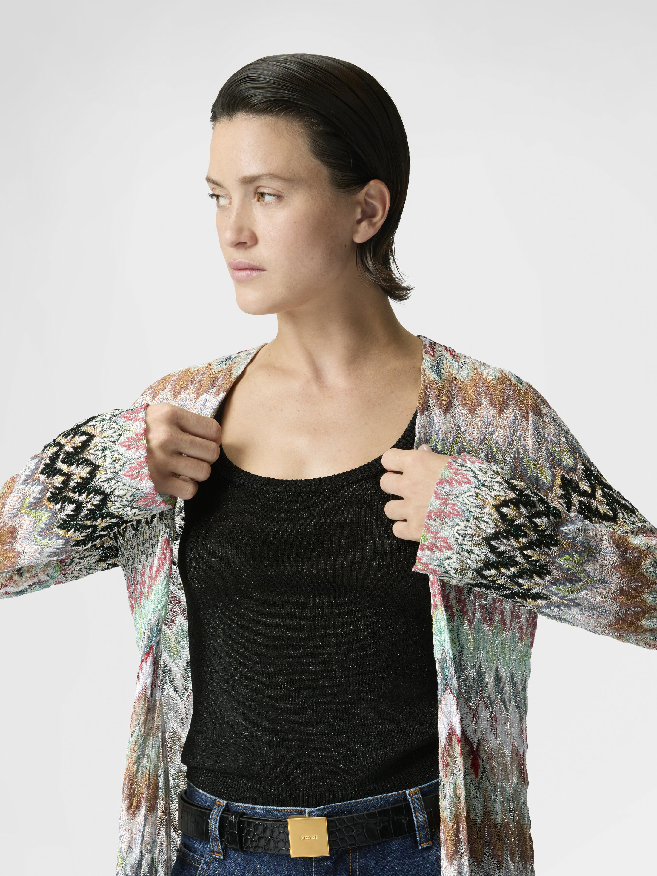 Cotton and Viscose Lamé Long Cardigan with Lace Motif Green& Brown