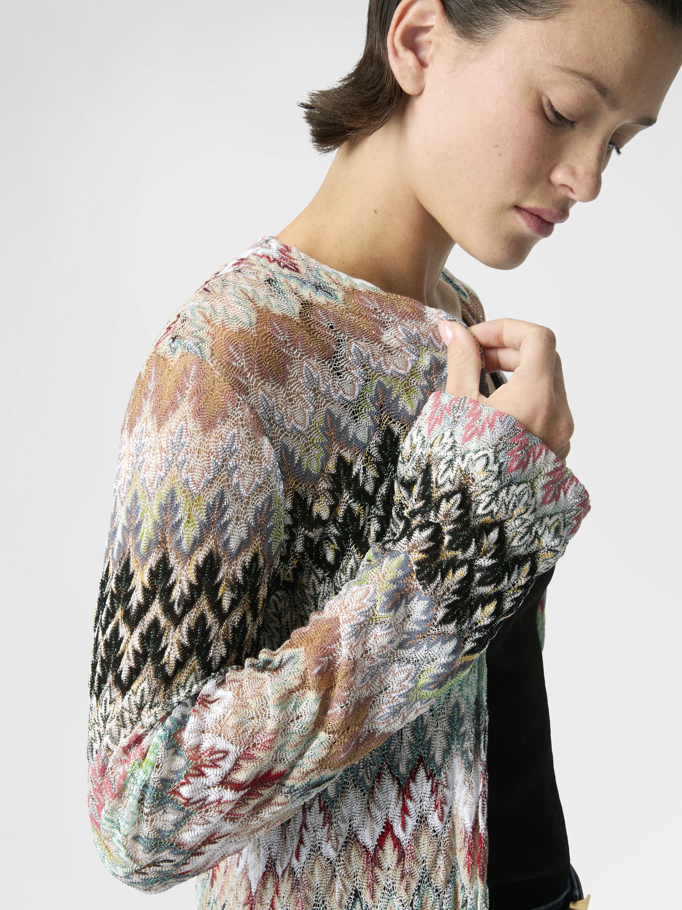 Cotton and Viscose Lamé Long Cardigan with Lace Motif Green& Brown