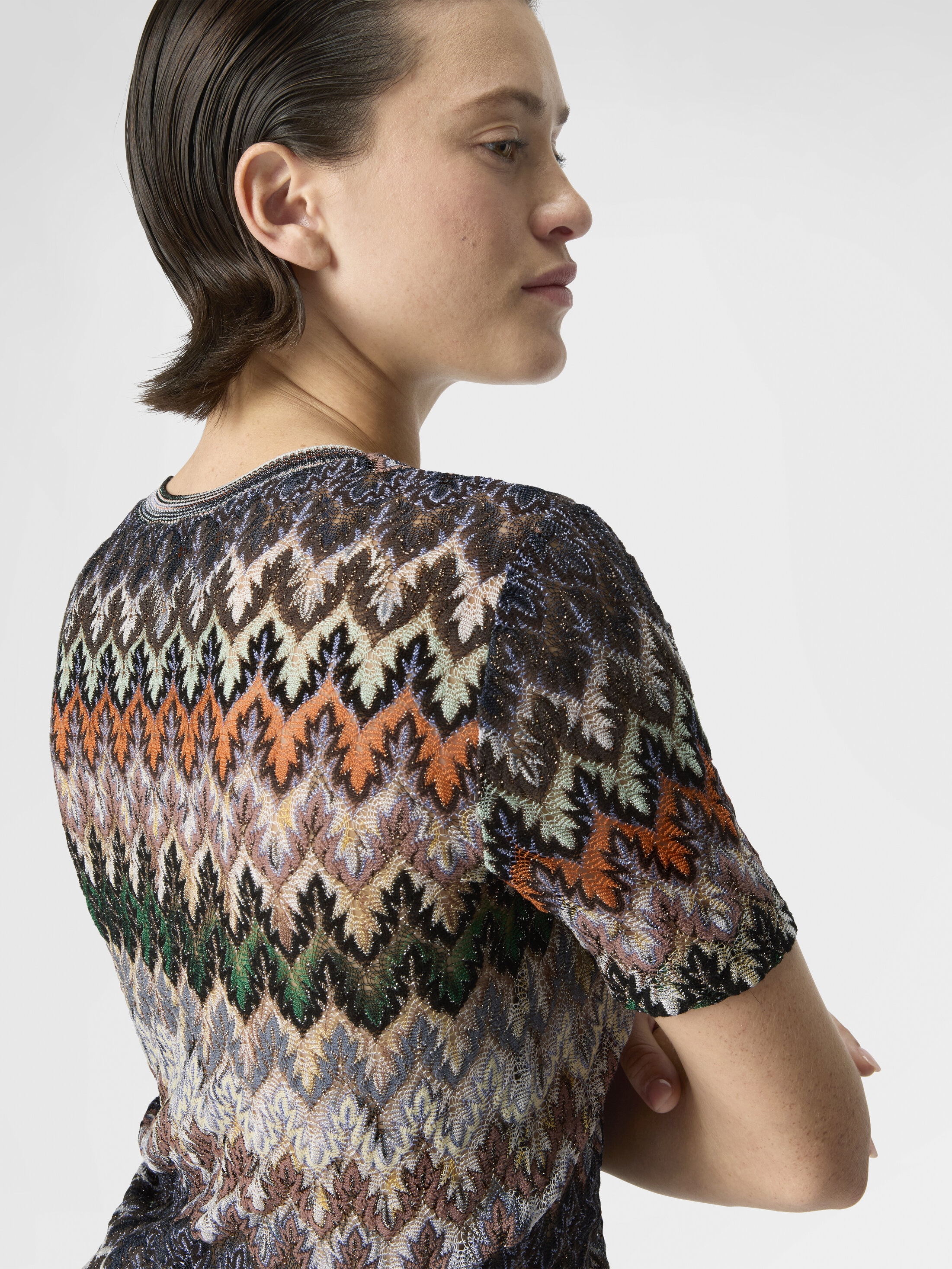Cotton and Viscose Lamé Crewneck T-Shirt with Lace Motif