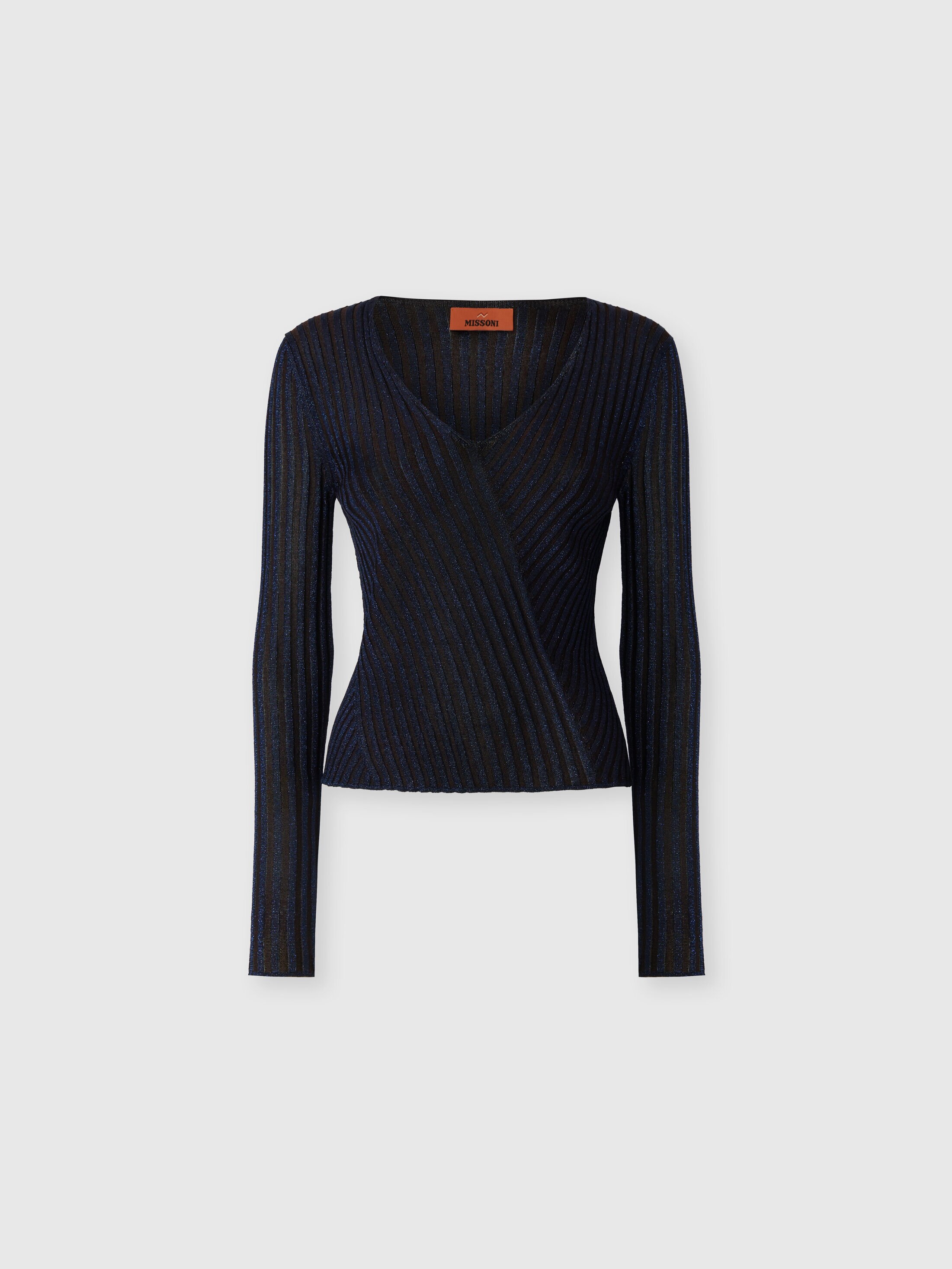 Missoni Ribbed Viscose Lamé V-neck Sweater In Navy Blue