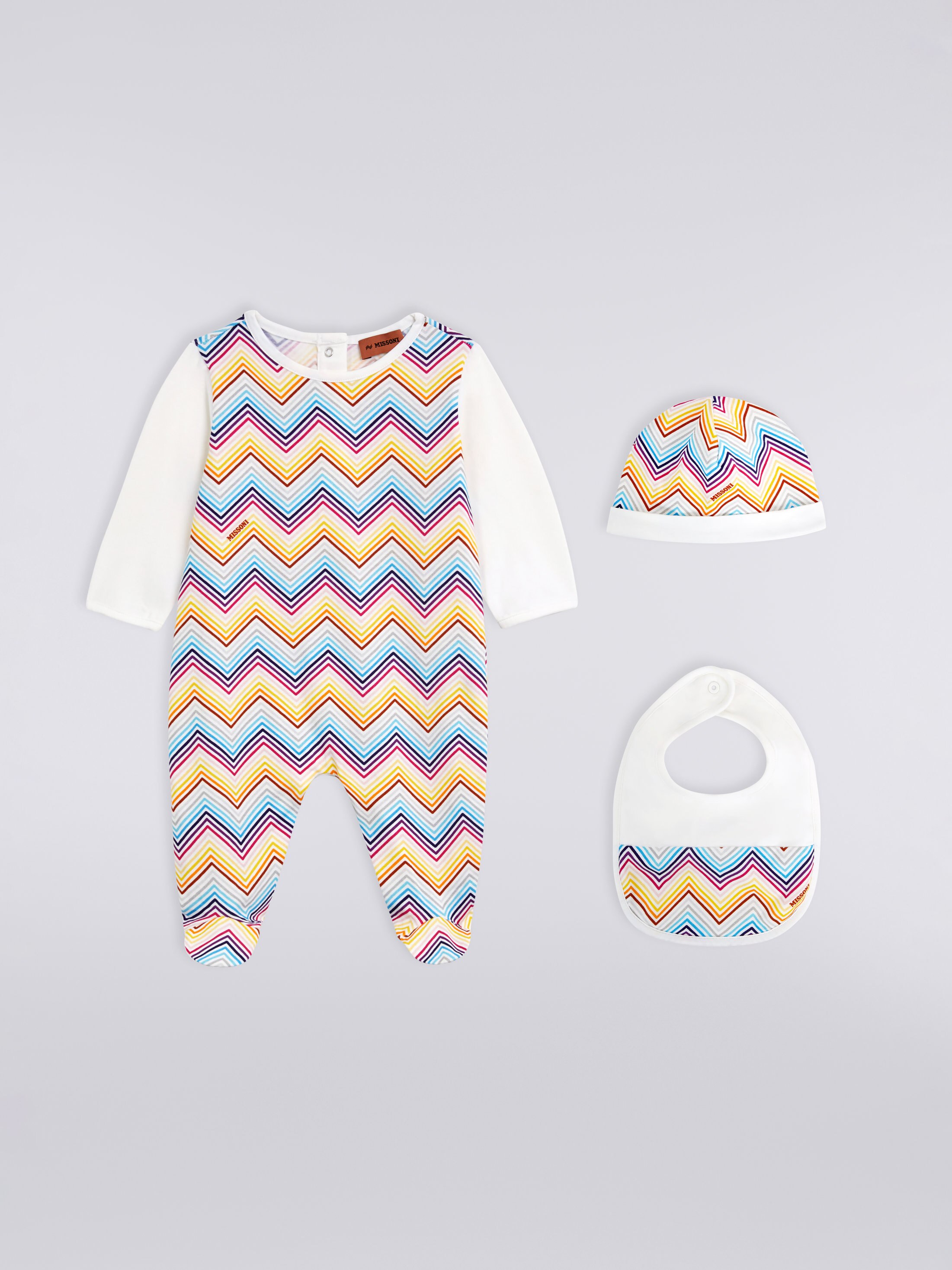 Three piece set with jumpsuit bib and zigzag cotton docker hat