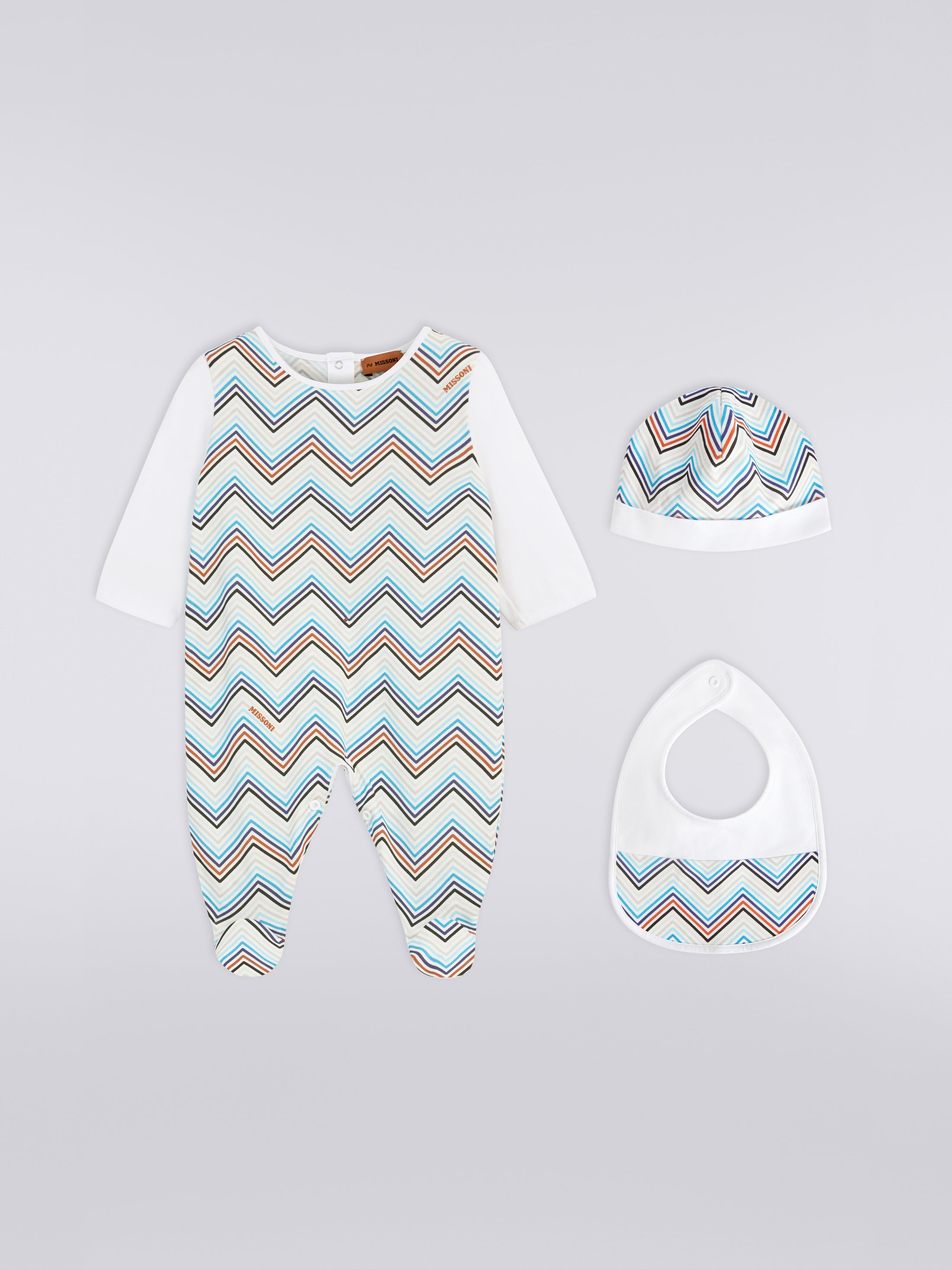 Three piece set with jumpsuit bib and zigzag cotton docker hat